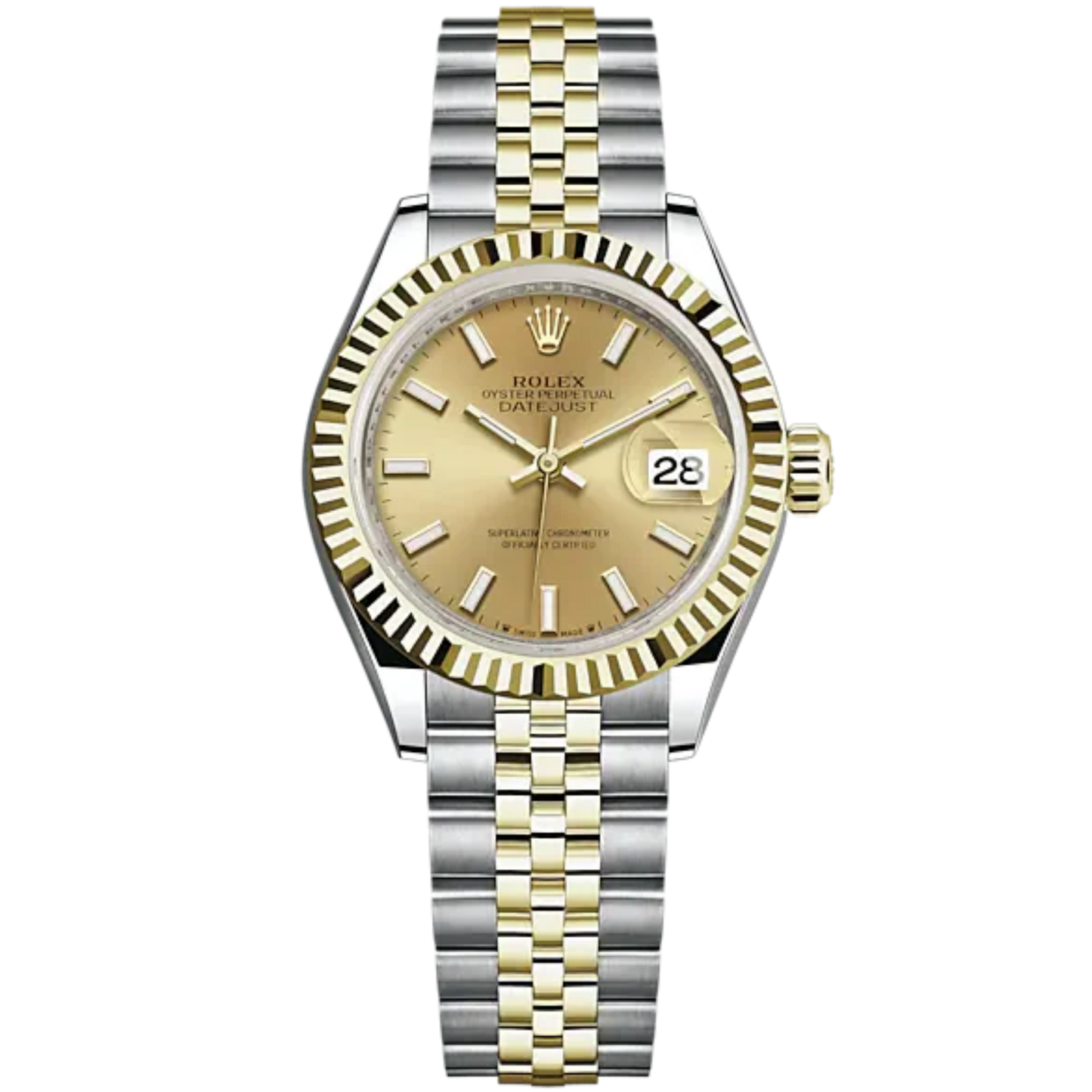 Lady-DateJust 28mm Oystersteel Jubilee Bracelet and Yellow Gold with Champagne-Colour Dial Fluted Bezel