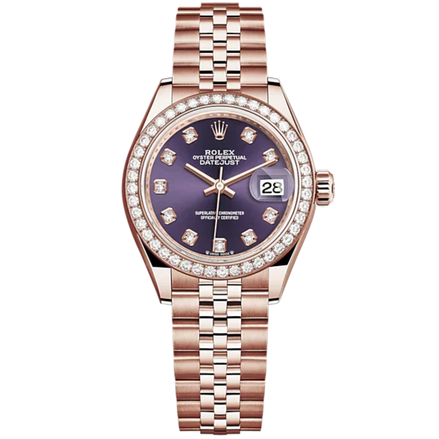 Lady-DateJust 28mm Jubilee Bracelet and 18 KT Everose Gold with Aubergine Dial Diamond-Set Dial Diamond-Set Bezel