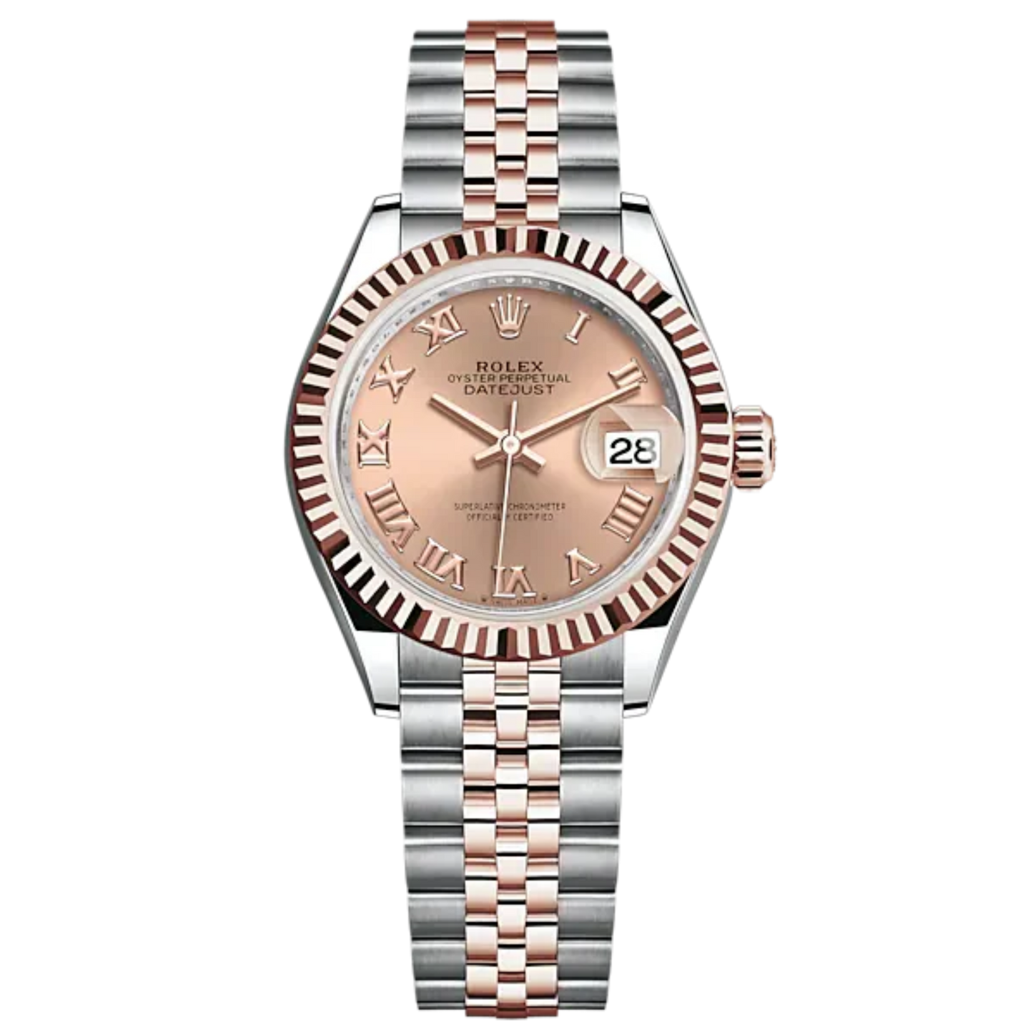 Lady-DateJust 28mm Oystersteel Jubilee Bracelet and Everose Gold with Rosé-Colour Dial Fluted Bezel