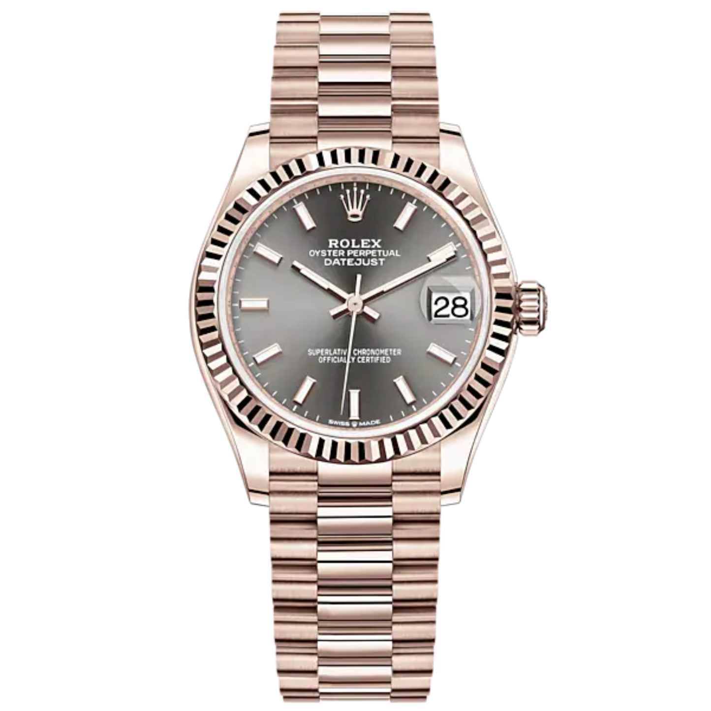 Datejust 31 31mm President Bracelet and 18 CT Everose Gold with Slate Dial Fluted Bezel