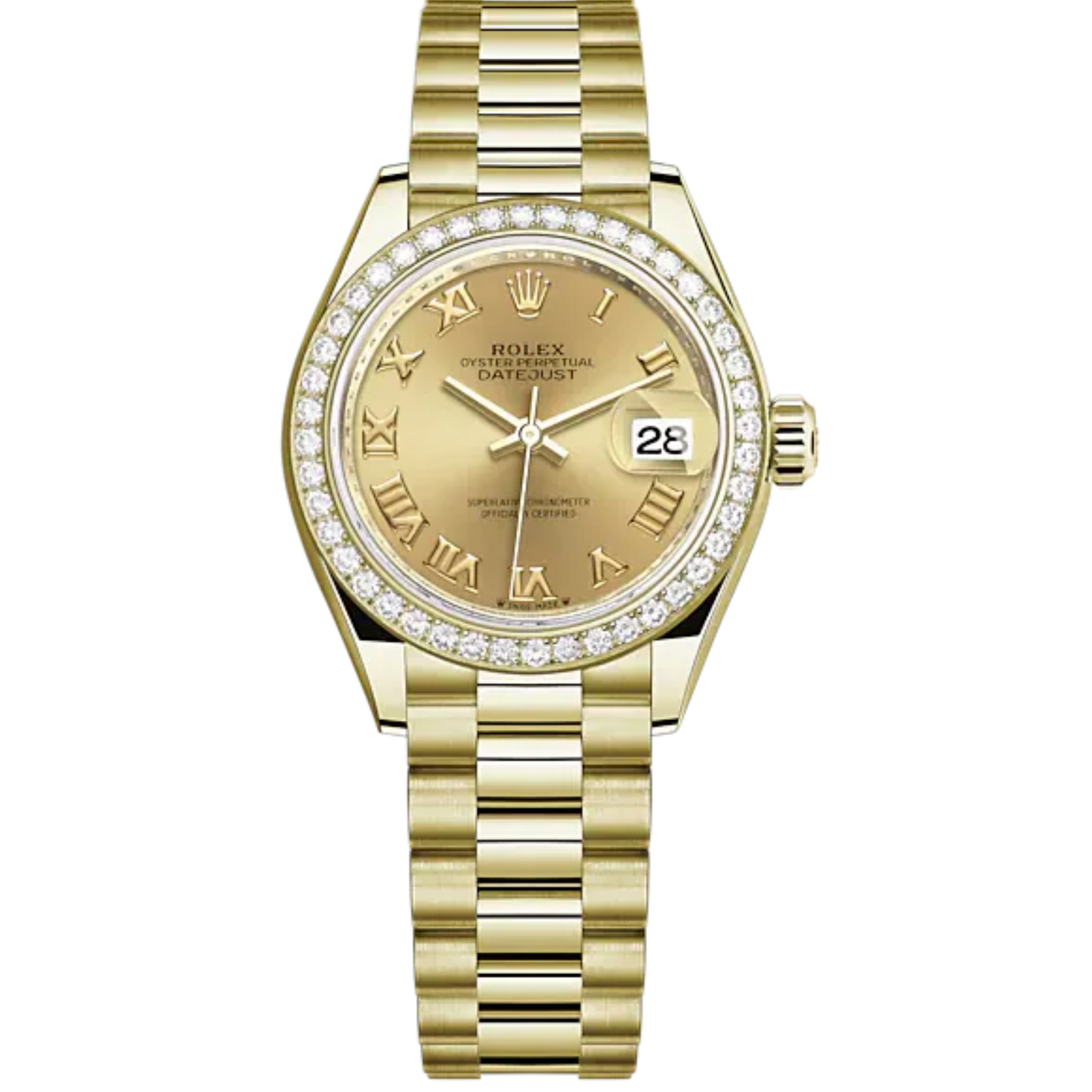 Lady-DateJust 28mm President Bracelet and 18 KT Yellow Gold with Champagne-Colour Roman Dial Diamond-Set Bezel