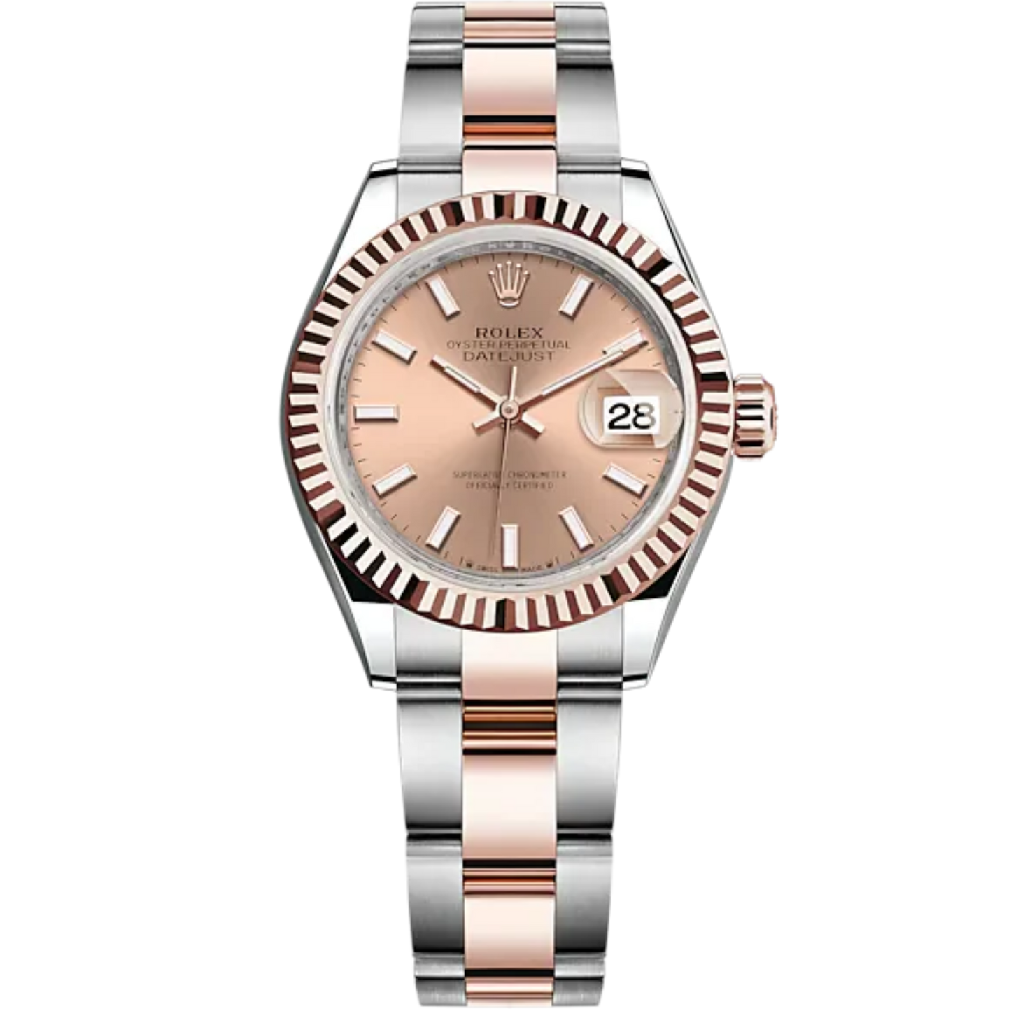 Lady-DateJust 28mm Oyster Oystersteel Bracelet and Everose Gold with Rosé-Colour Dial Fluted Bezel