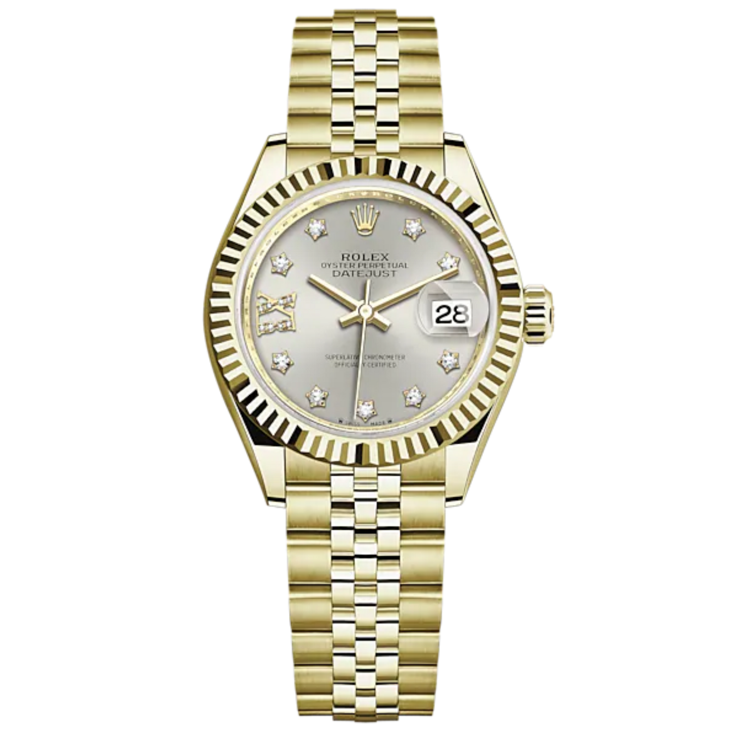 Lady-DateJust 28mm Jubilee Bracelet and 18 KT Yellow Gold with Silver Dial Diamond-Set Dial Fluted Bezel