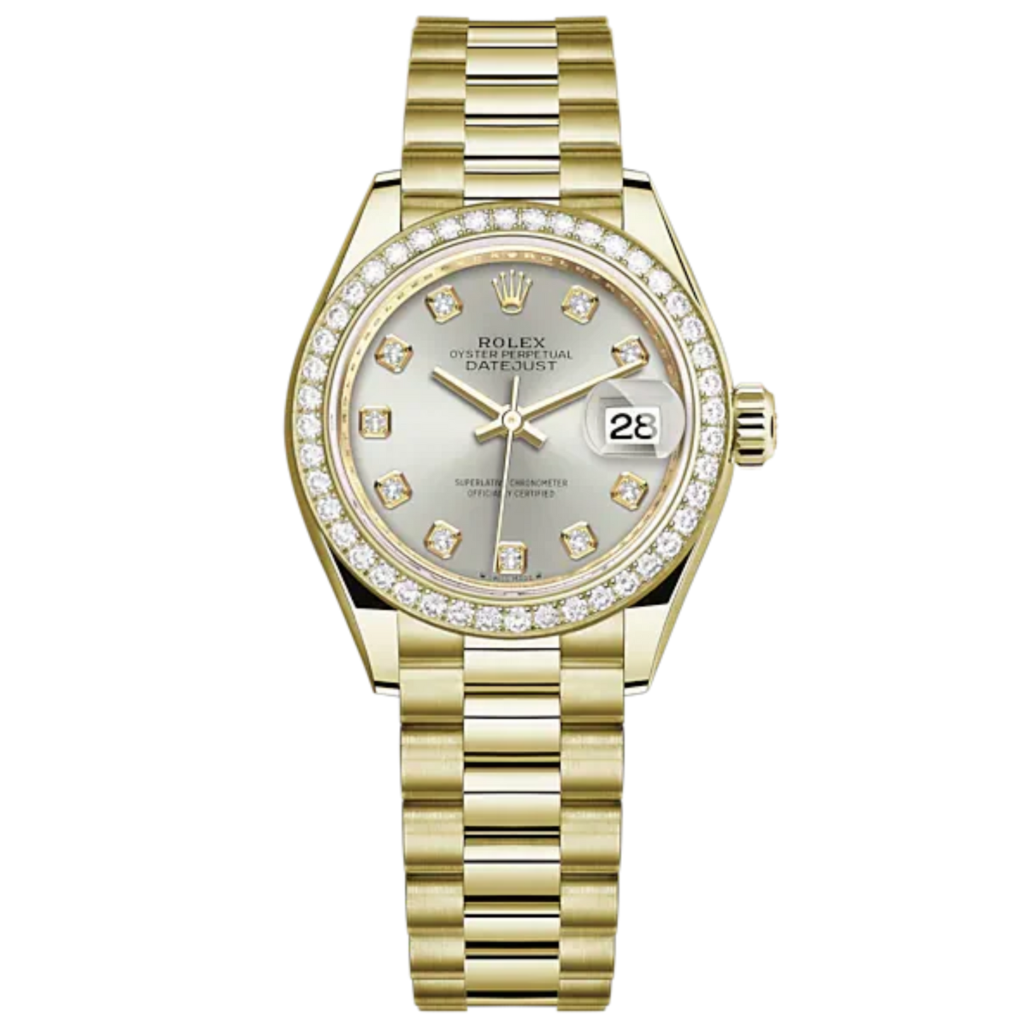 Lady-DateJust 28mm President Bracelet and 18 KT Yellow Gold with Silver Dial Diamond-Set Dial Diamond-Set Bezel
