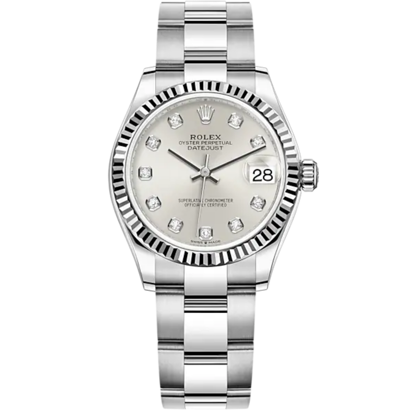Datejust 31 31mm Oyster Bracelet Oystersteel and White Gold with Silver Diamond-Set Dial Fluted Bezel