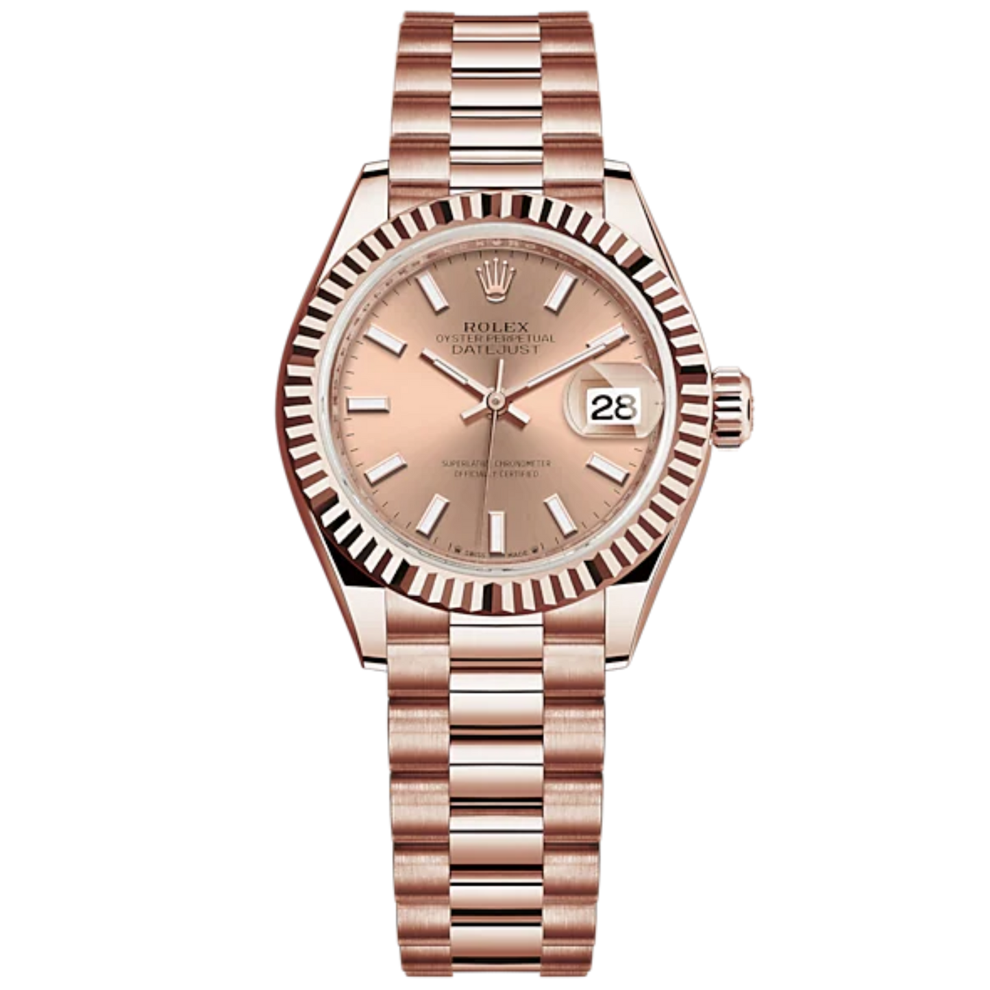 Lady-DateJust 28mm President Bracelet and 18 KT Everose Gold with Rosé-Colour Dial Fluted Bezel