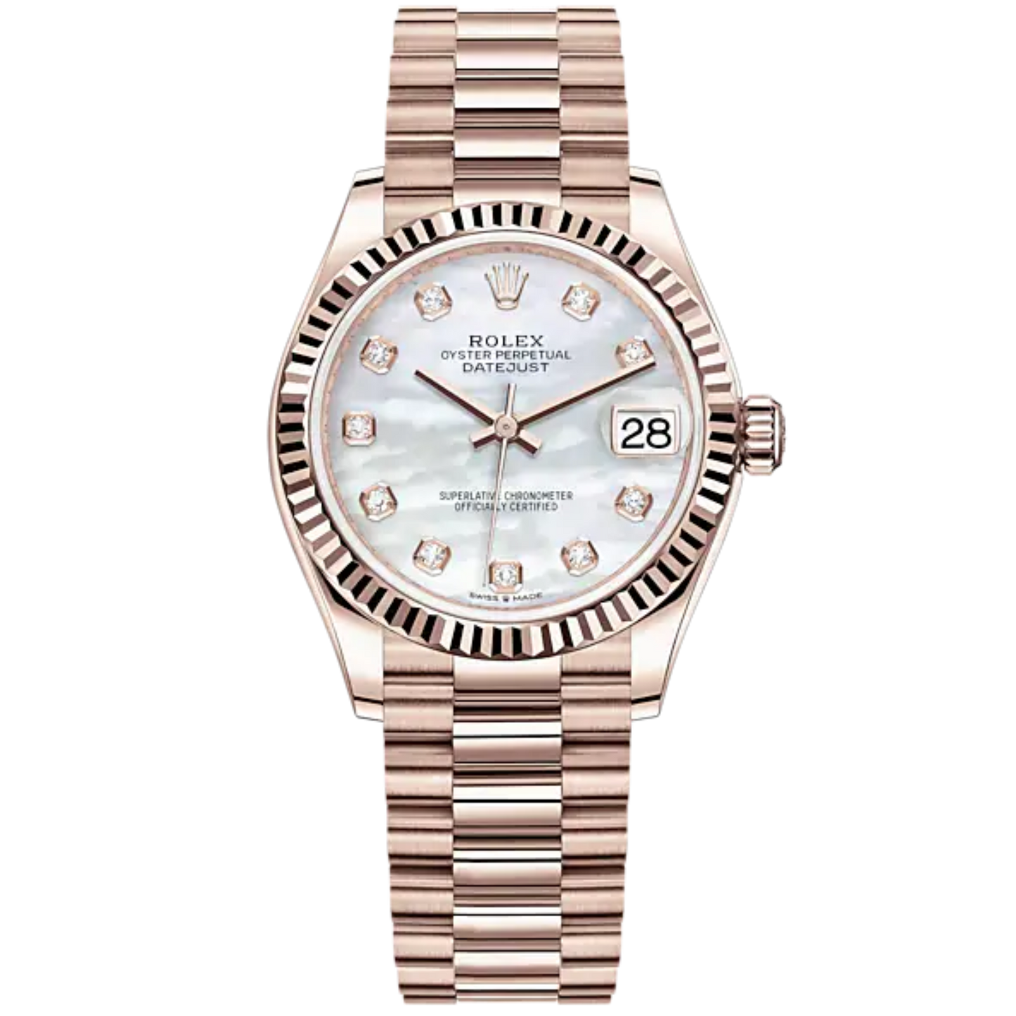 Datejust 31 31mm President Bracelet and 18 CT Everose Gold with White Mother-Of-Pearl Diamond-Set Fluted Bezel