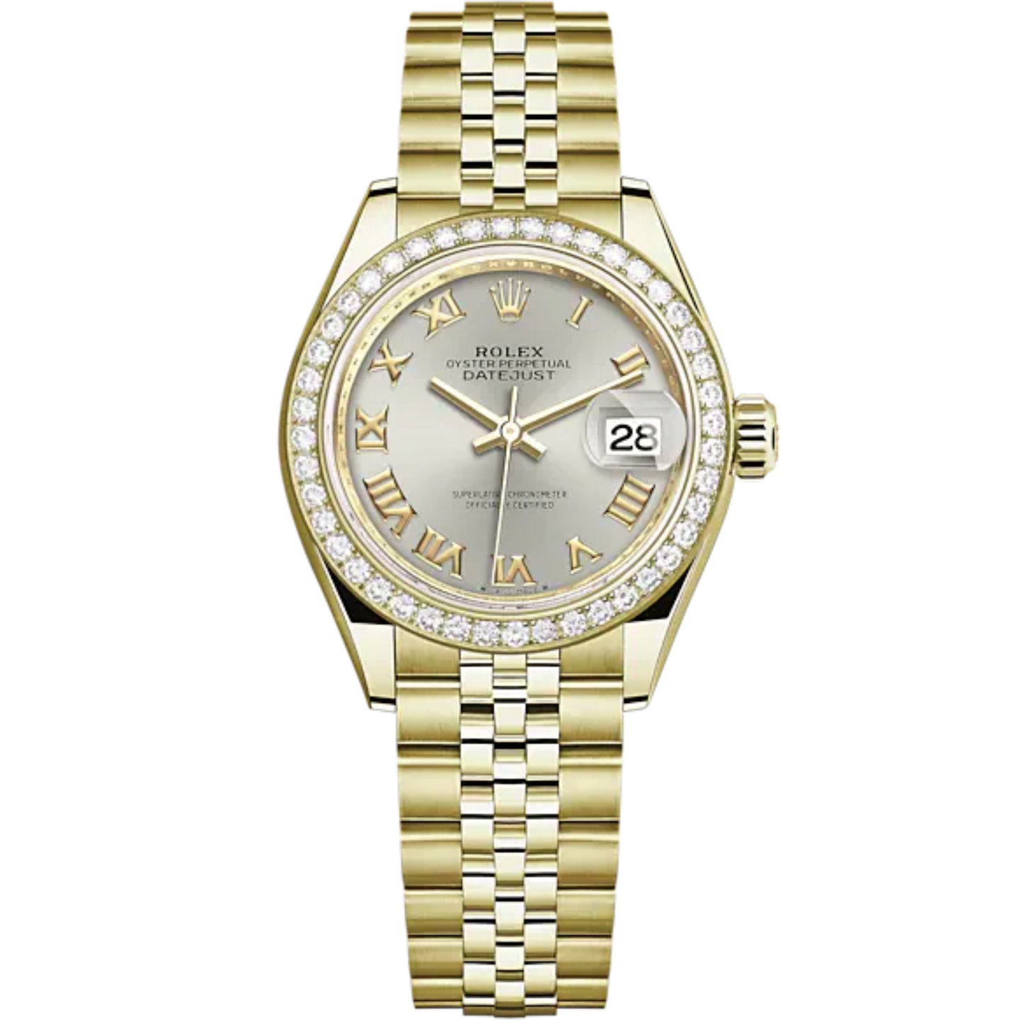 Lady-DateJust 28mm Jubilee Bracelet and 18 KT Yellow Gold with Silver Roman Dial Diamond-Set Bezel