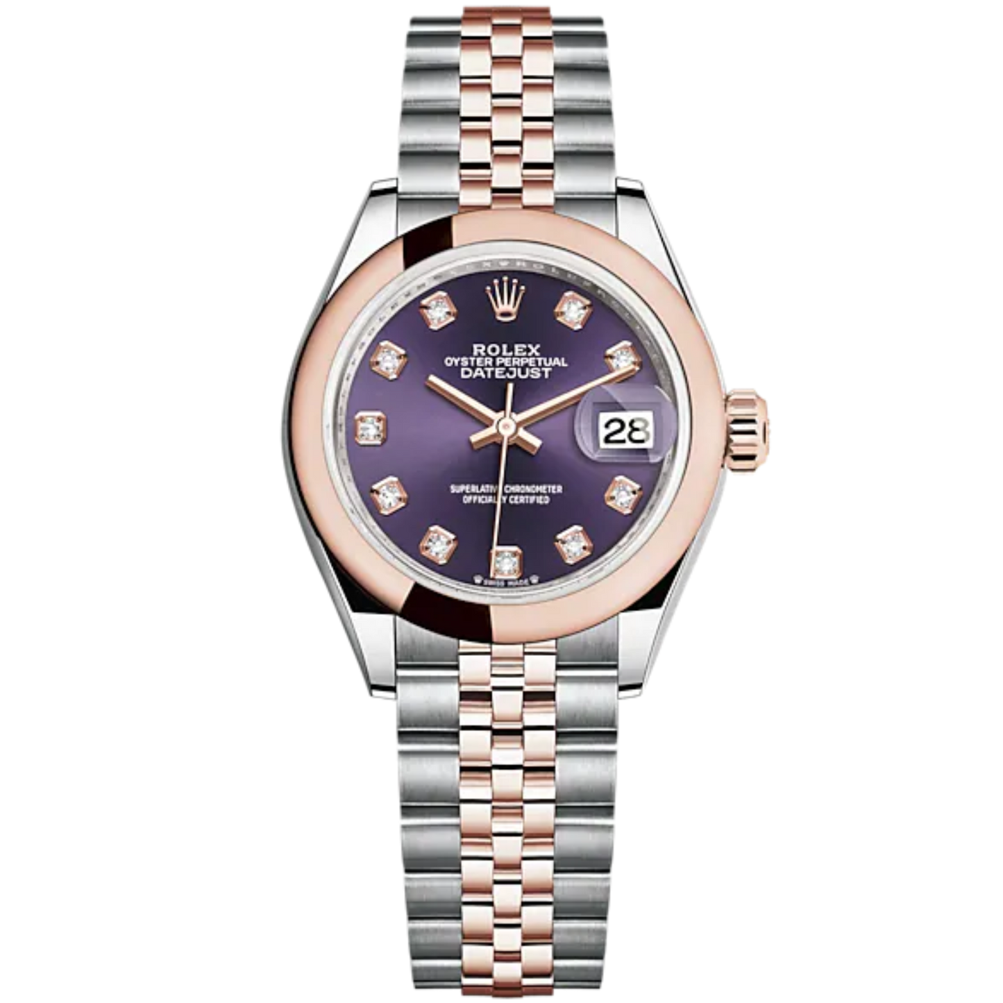 Lady-DateJust 28mm Oystersteel Jubilee Bracelet and Everose Gold with Aubergine Dial Diamond-Set Dial Domed Bezel