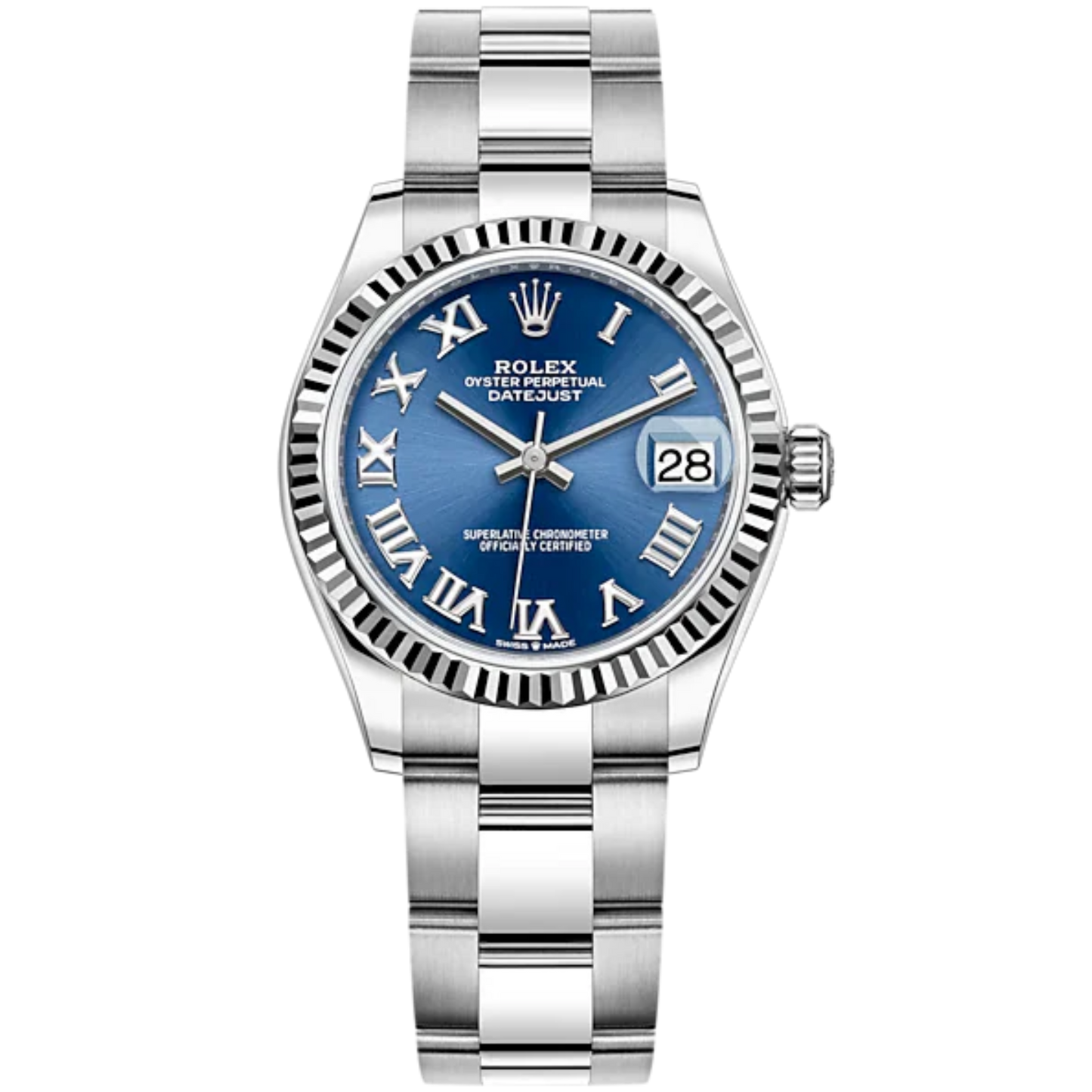 Datejust 31 31mm Oyster Bracelet Oystersteel and White Gold with Bright Blue Dial Fluted Bezel