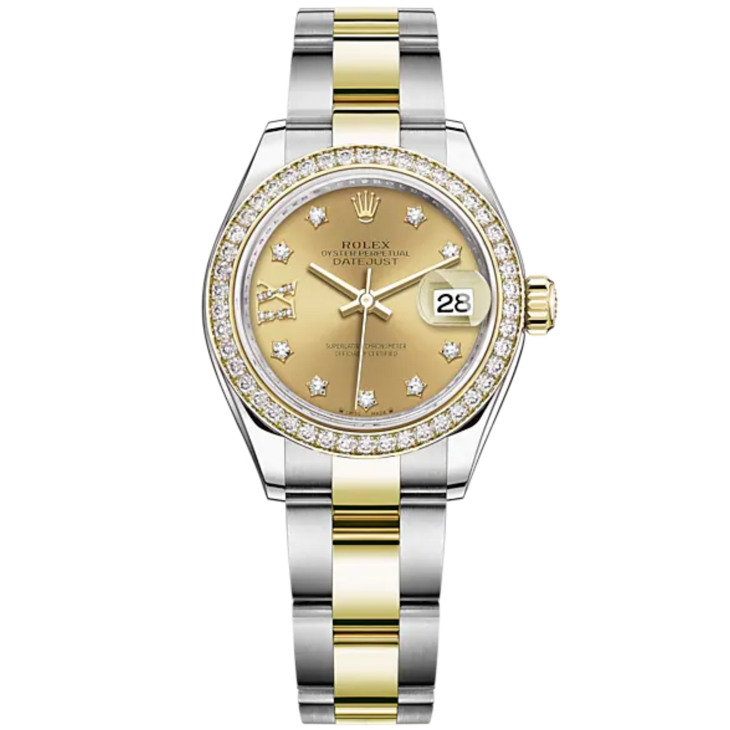 Lady-DateJust 28mm Oyster Oystersteel Bracelet and Yellow Gold with Champagne-Colour Dial Diamond-Set Dial Diamond-Set Bezel
