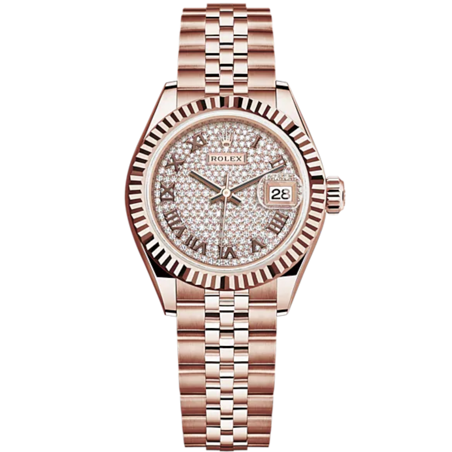 Lady-DateJust 28mm Jubilee Bracelet and 18 KT Everose Gold with Diamond-Paved Dial Fluted Bezel