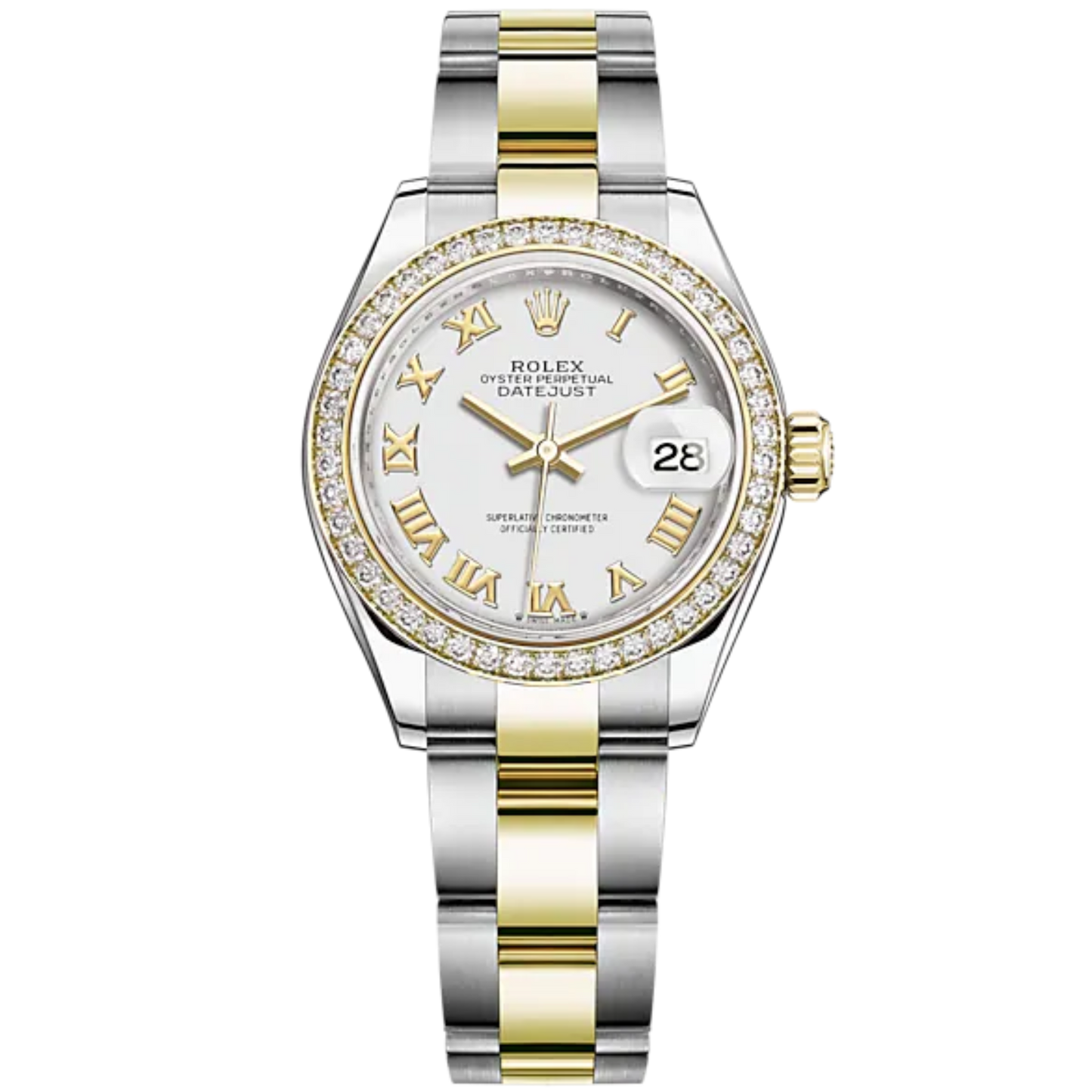 Lady-DateJust 28mm Oyster Oystersteel Bracelet and Yellow Gold with White Dial Diamond-Set Bezel