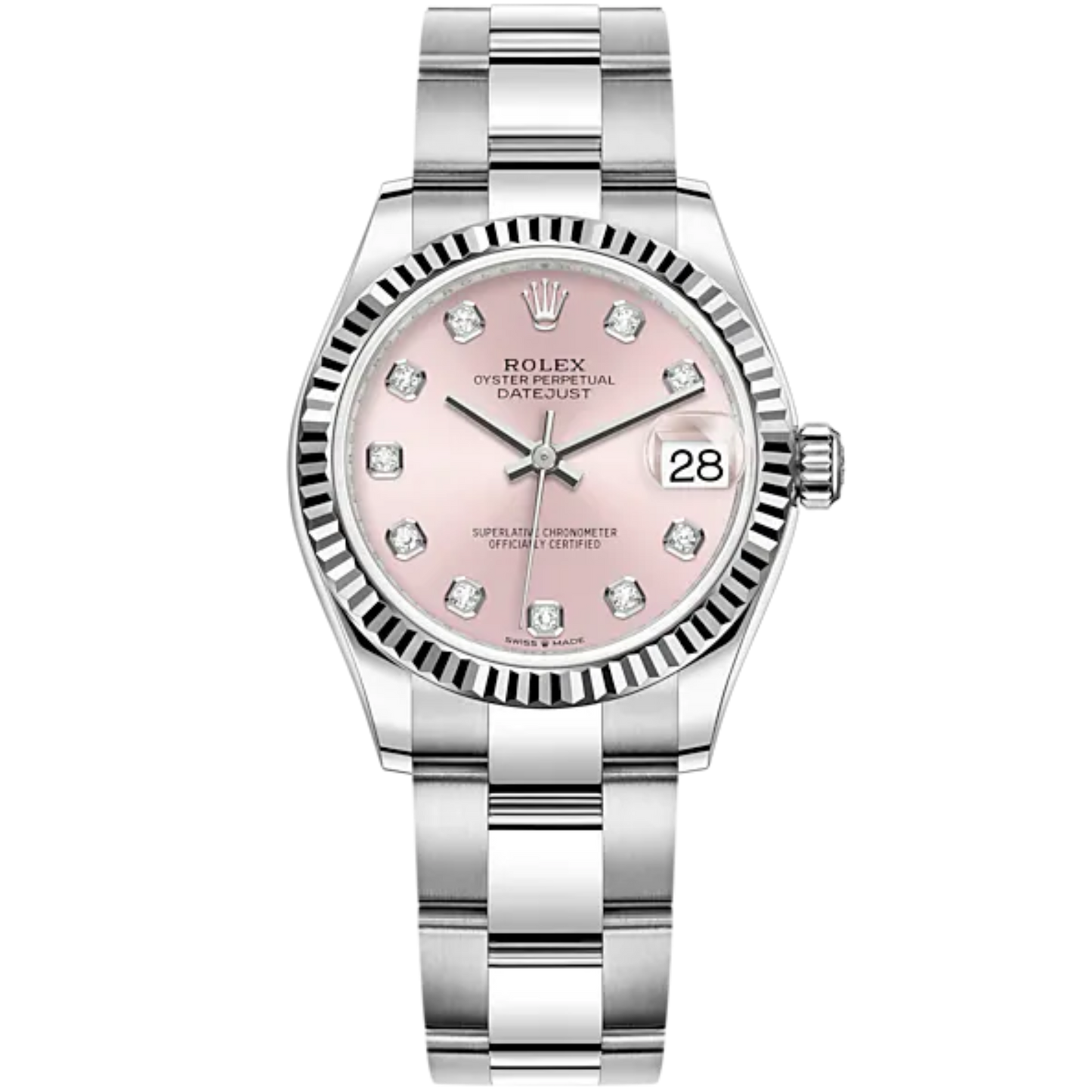 Datejust 31 31mm Oyster Bracelet Oystersteel and White Gold with Pink Diamond-Set Dial Fluted Bezel