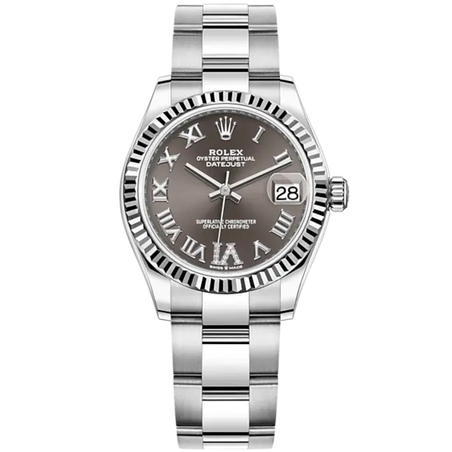 Datejust 31 31mm Oyster Bracelet Oystersteel and White Gold Dark Grey Diamond Dial Fluted Bezel