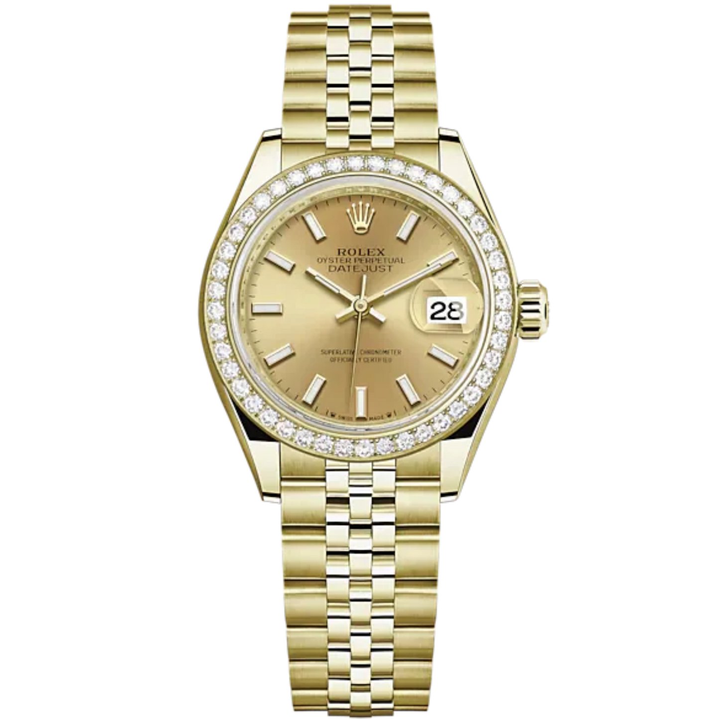 Lady-DateJust 28mm Jubilee Bracelet and 18 KT Yellow Gold with Champagne-Colour Dial Diamond-Set Bezel