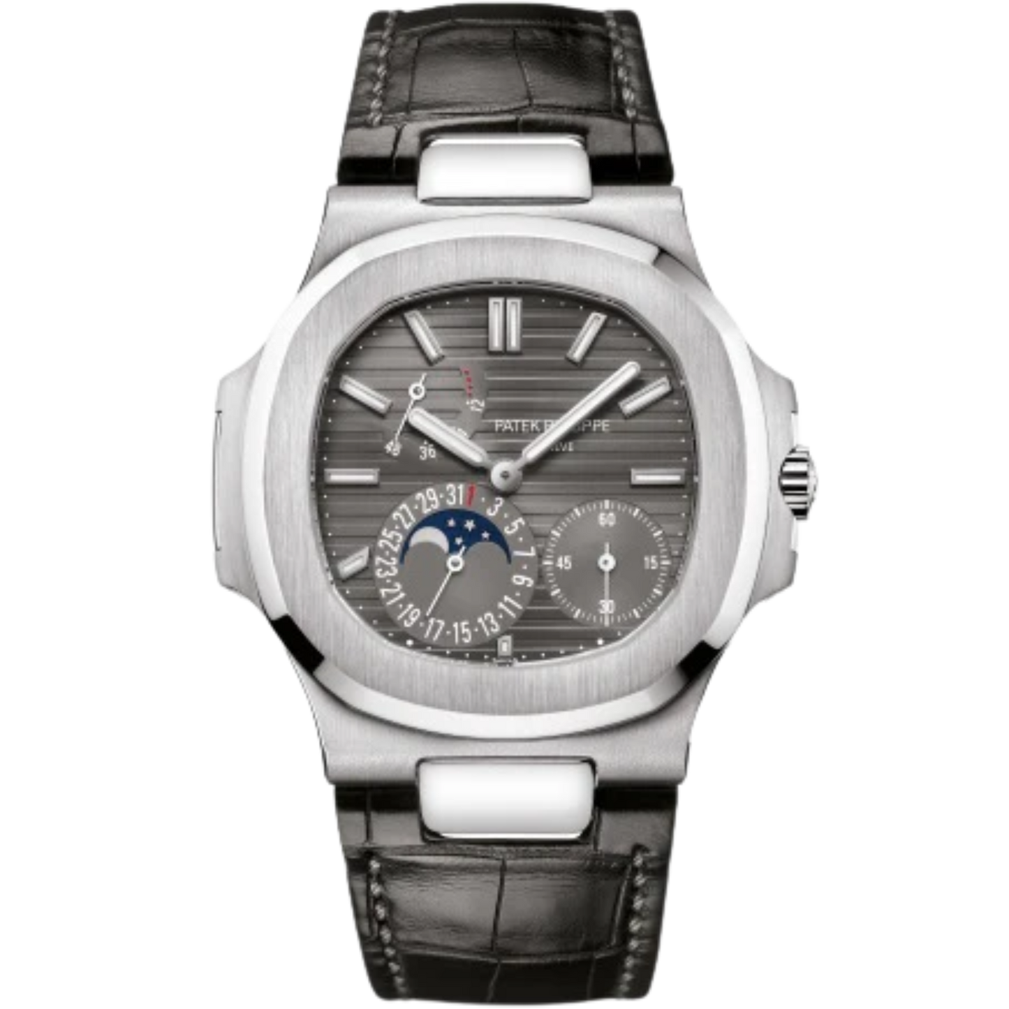 5712G-001 Nautilus 40mm Matte Black Alligator Strap Slate Gray Embossed Dial White Gold Bezel