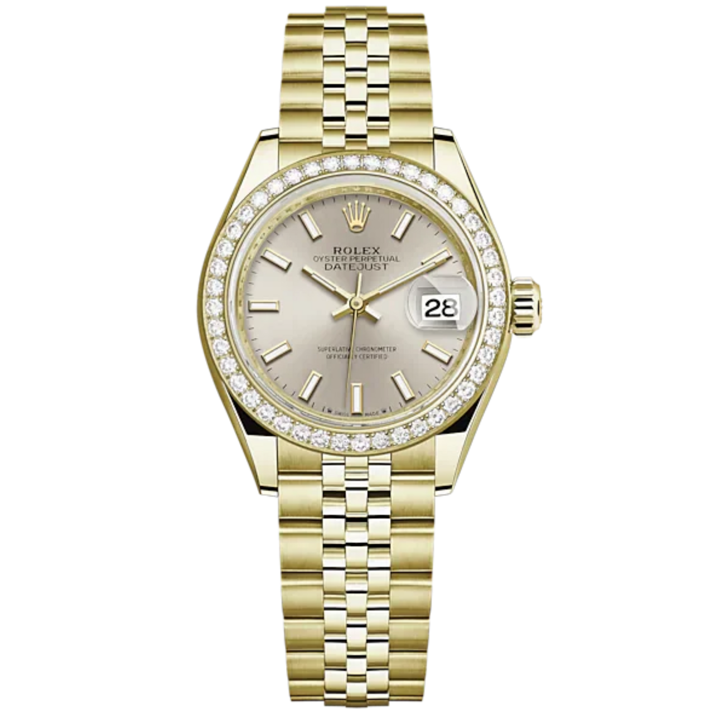 Lady-DateJust 28mm Jubilee Bracelet and 18 KT Yellow Gold with Silver Dial Diamond-Set Bezel