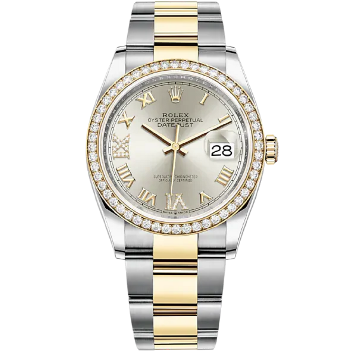 Datejust 36 36mm Oyster Bracelet Oystersteel and Yellow Gold with Silver Dial Diamond-Set Dial Diamond-Set Bezel