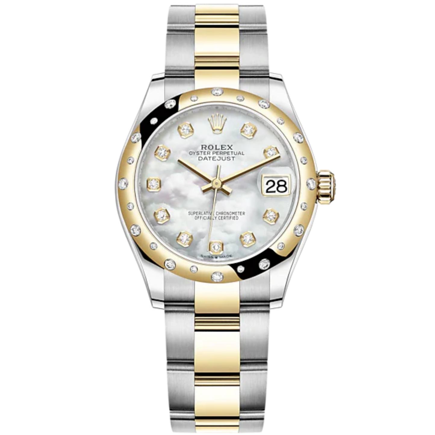 Datejust 31 31mm Oyster Bracelet Oystersteel and Yellow Gold with White Mother-Of-Pearl Diamond Set Dial Diamond-Set Bezel