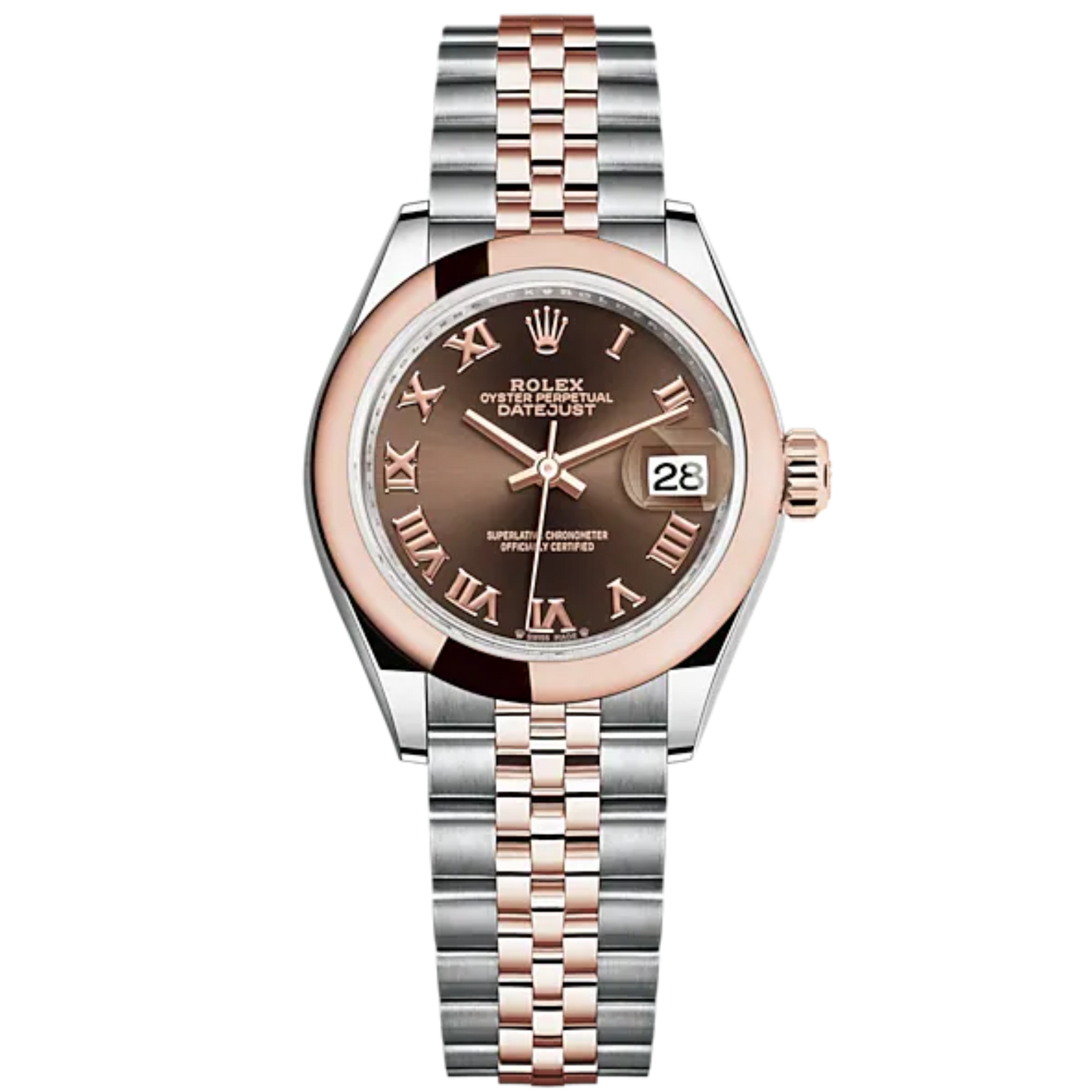 Lady-DateJust 28mm Oystersteel Jubilee Bracelet and Everose Gold with Chocolate Roman Dial Domed Bezel