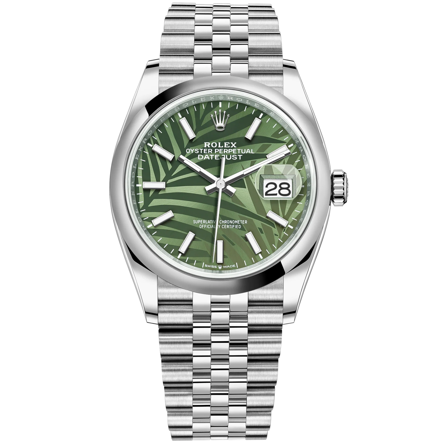 Datejust 36 36mm Oystersteel Jubilee Bracelet and Olive Green with Palm-Motif Dial Domed Bezel