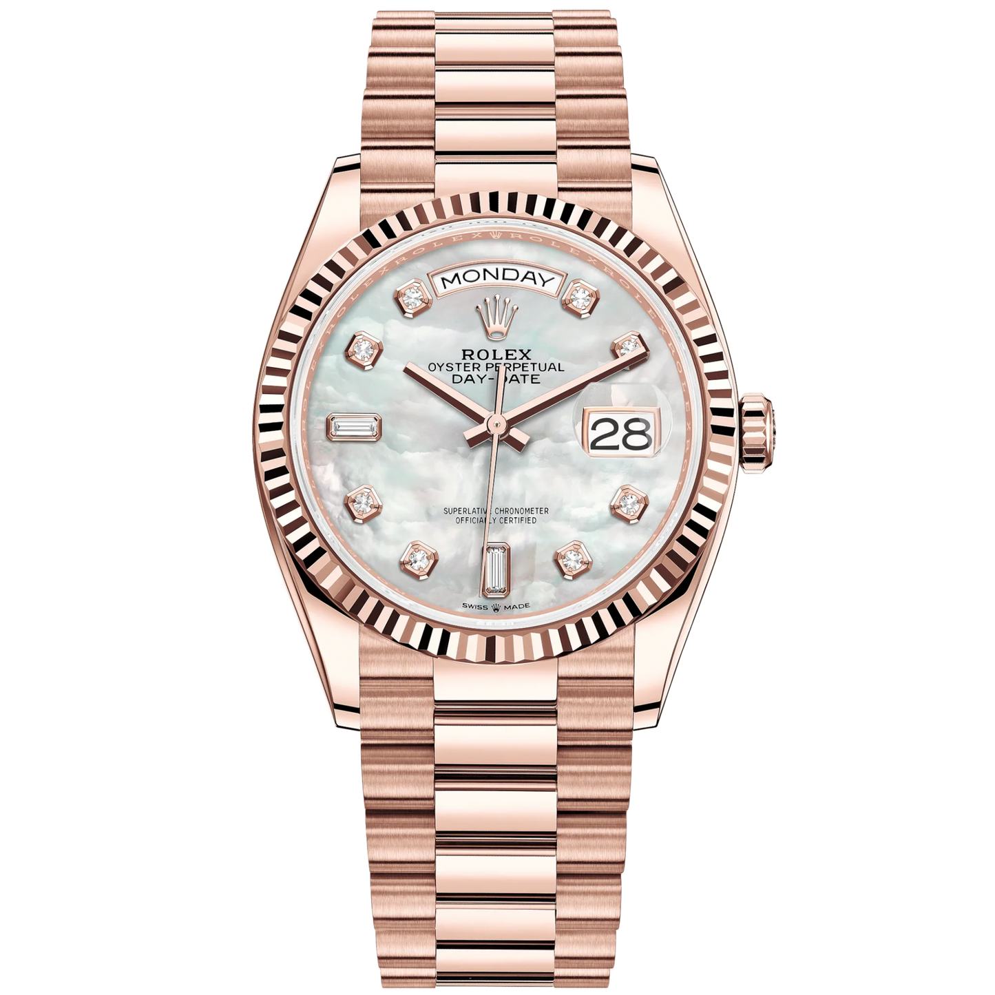 Day-Date 36 36mm President Bracelet and 18 KT Everose Gold with White Mother-of-Pearl Dial Diamond-Set Dial Fluted Bezel