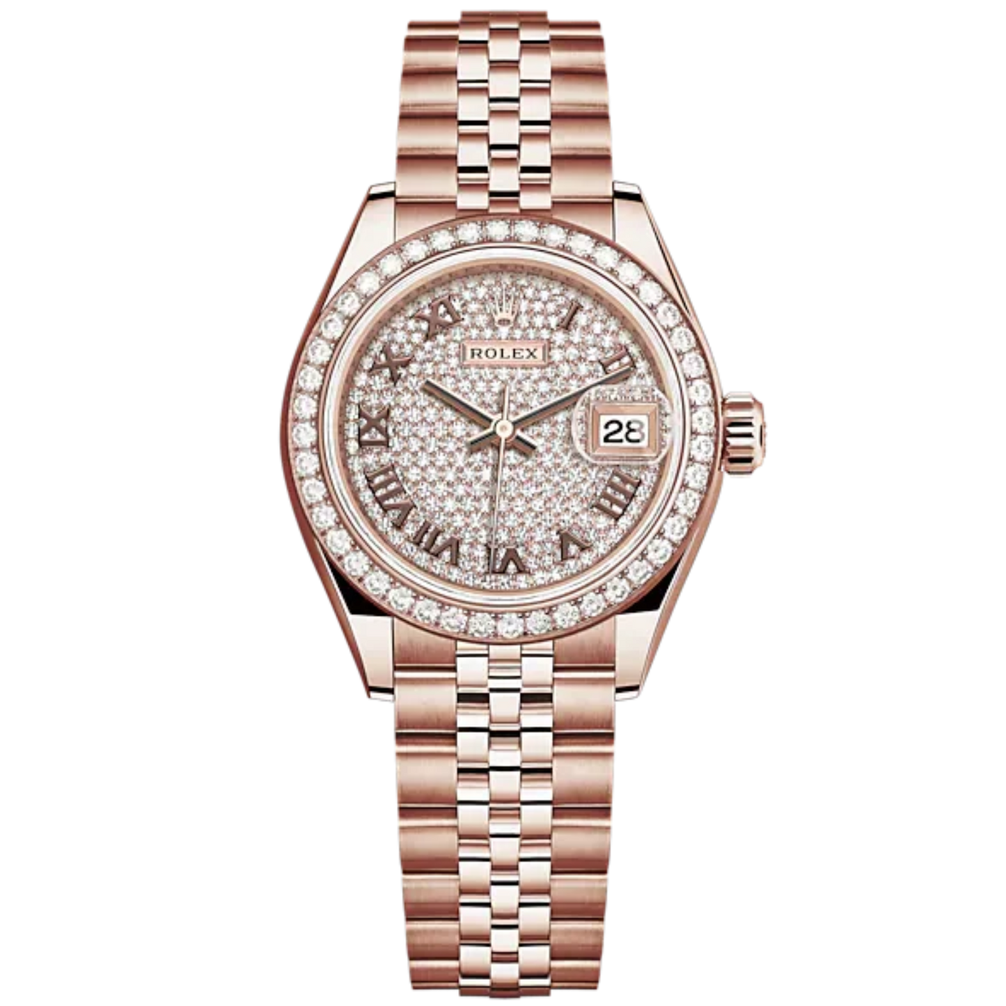 Lady-DateJust 28mm Jubilee Bracelet and 18 KT Everose Gold with Diamond-Paved Dial and Diamond-Set Bezel