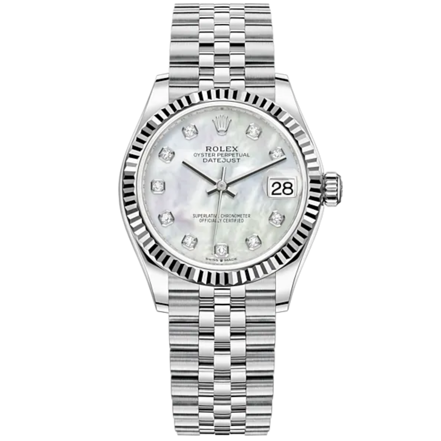 Datejust 31 31mm Jubilee Bracelet Oystersteel and White Gold with White Mother-Of-Pearl Diamond-Set Fluted Bezel