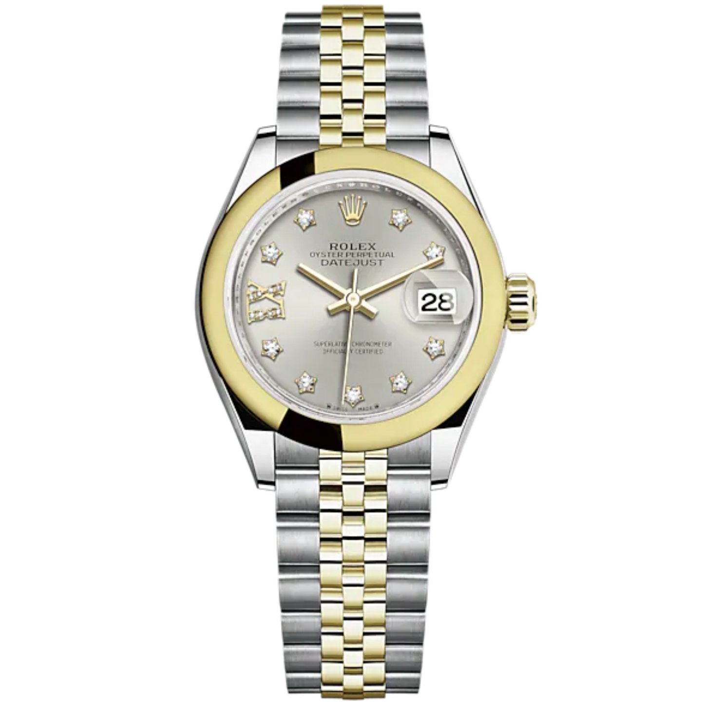 Lady-DateJust 28mm Oystersteel Jubilee Bracelet and Yellow Gold with Silver Dial Diamond-Set Dial and Domed Bezel