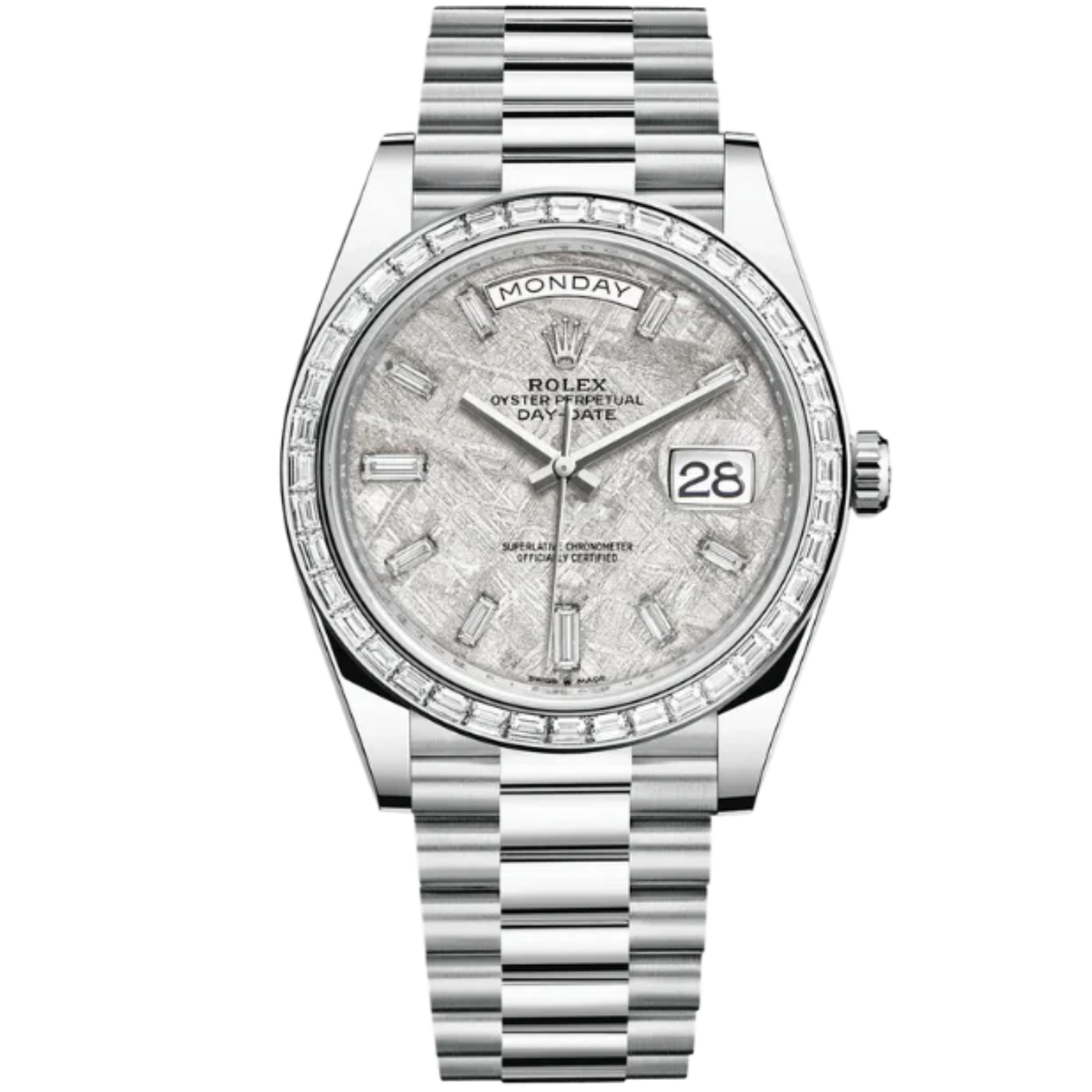 Rolex Day Date Ref. 228396TBR Platinum Meteorite Dial Baguette Bezel and Markers