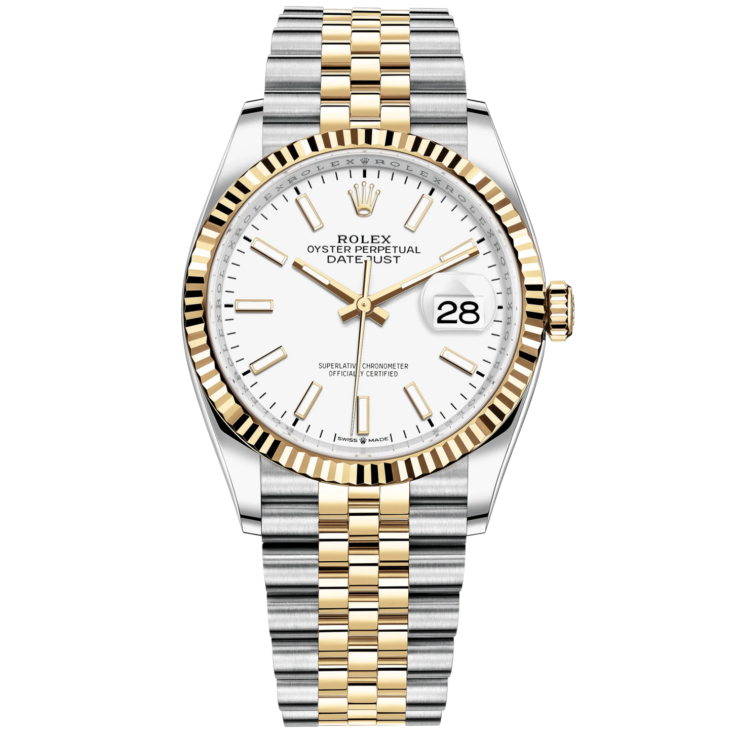 Datejust 36 36mm Oystersteel Jubilee Bracelet and Yellow Gold with White Dial Fluted Motif Fluted Bezel