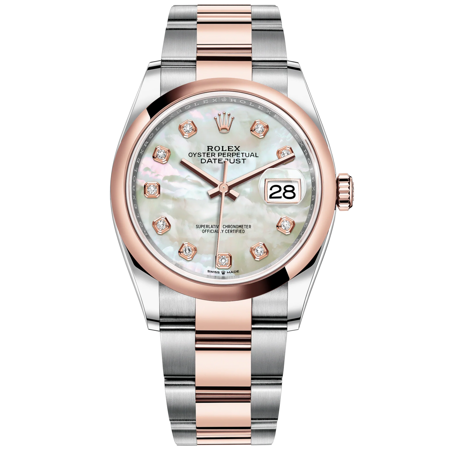 Datejust 36 36mm Oystersteel Jubilee Bracelet and Everose Gold with White Mother-of-Pearl Diamond-Set Dial Domed Bezel