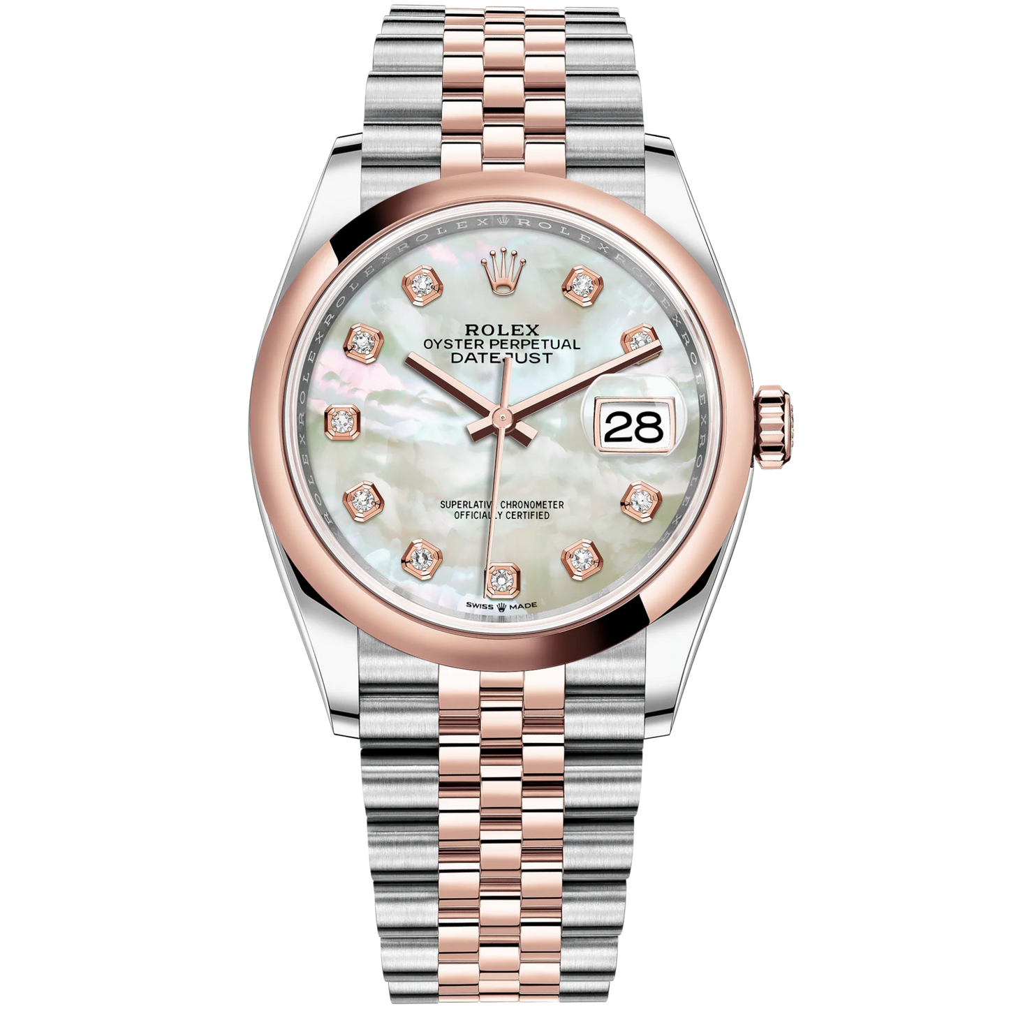 Datejust 36 36mm Oystersteel Jubilee Bracelet and Everose Gold with White Mother-of-Pearl Diamond-Set Dial Domed Bezel