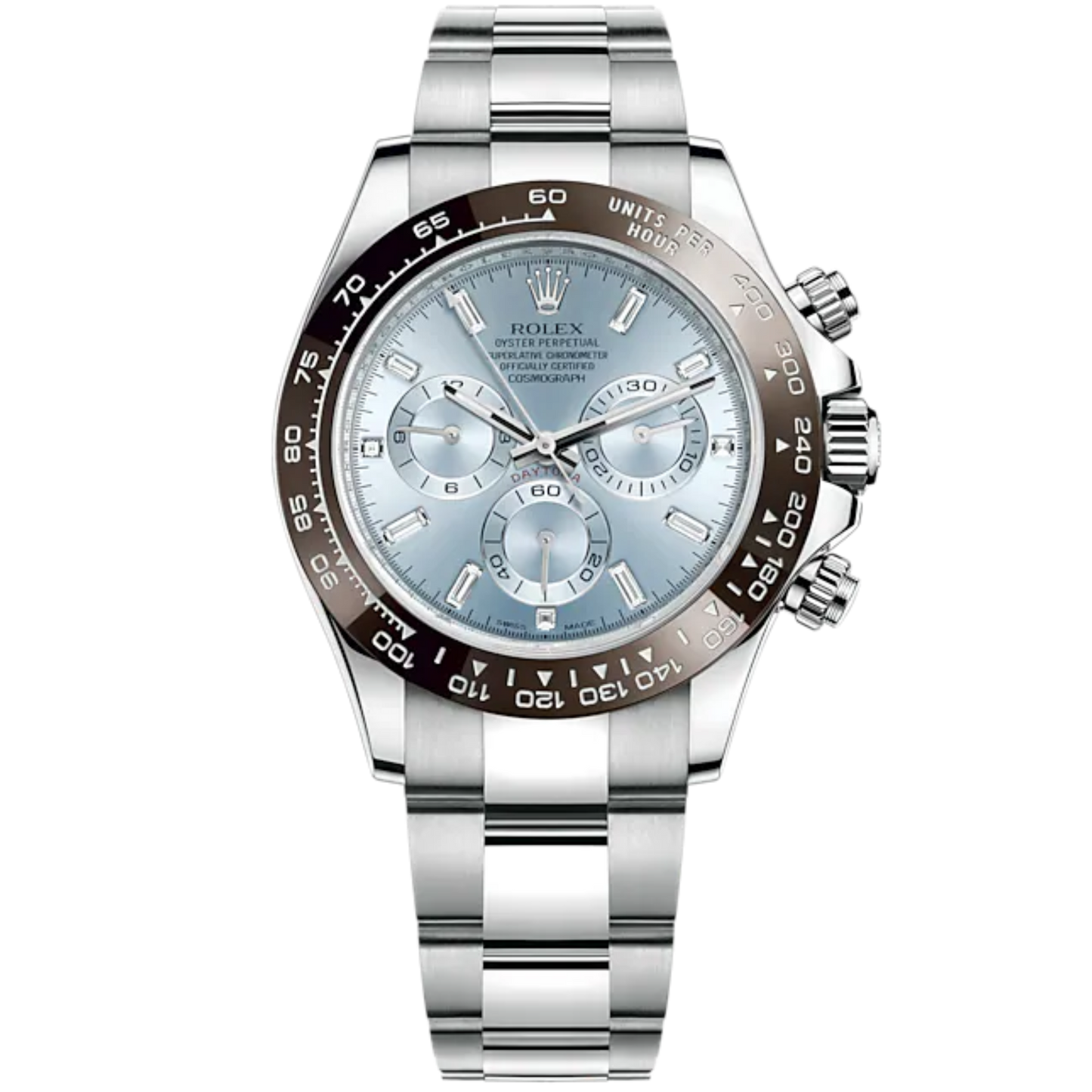 Cosmograph Daytona 40MM Oyster Bracelet Platinum With an Ice-Blue Dial Chestnut Brown Cerachrom Bezel With Tachymetric Scale