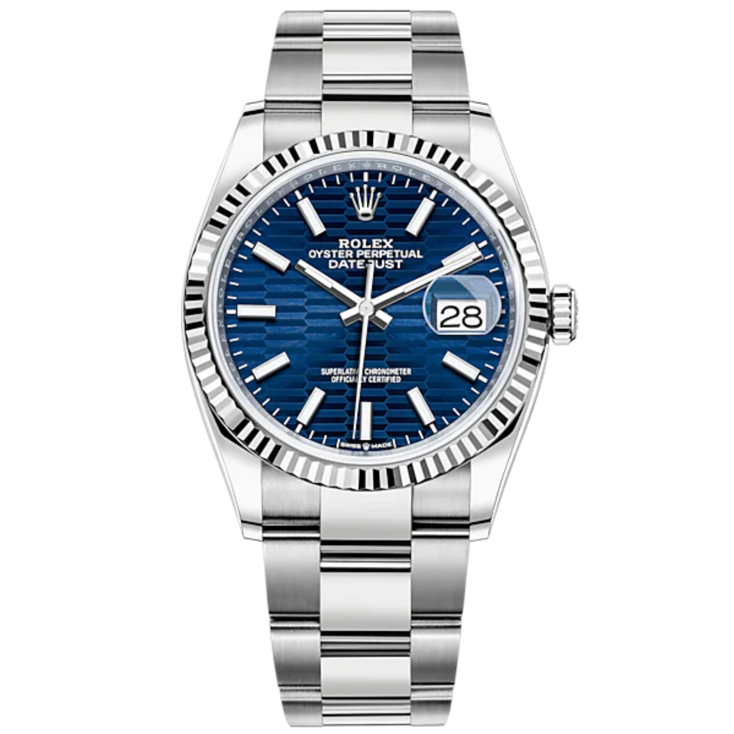 Rolex Datejust 36mm Oystersteel and White Gold on Oyster Blue Fluted-Motif Stick Dial Fluted Bezel