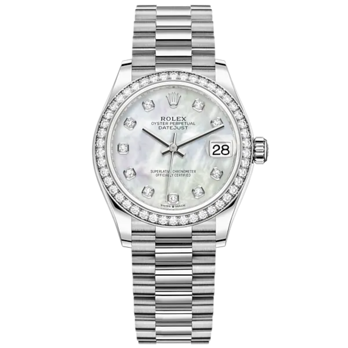 Datejust 31 31mm President Bracelet and 18 CT White Gold with White Mother-Of-Pearl Diamond-Set Dial Diamond-Set Bezel