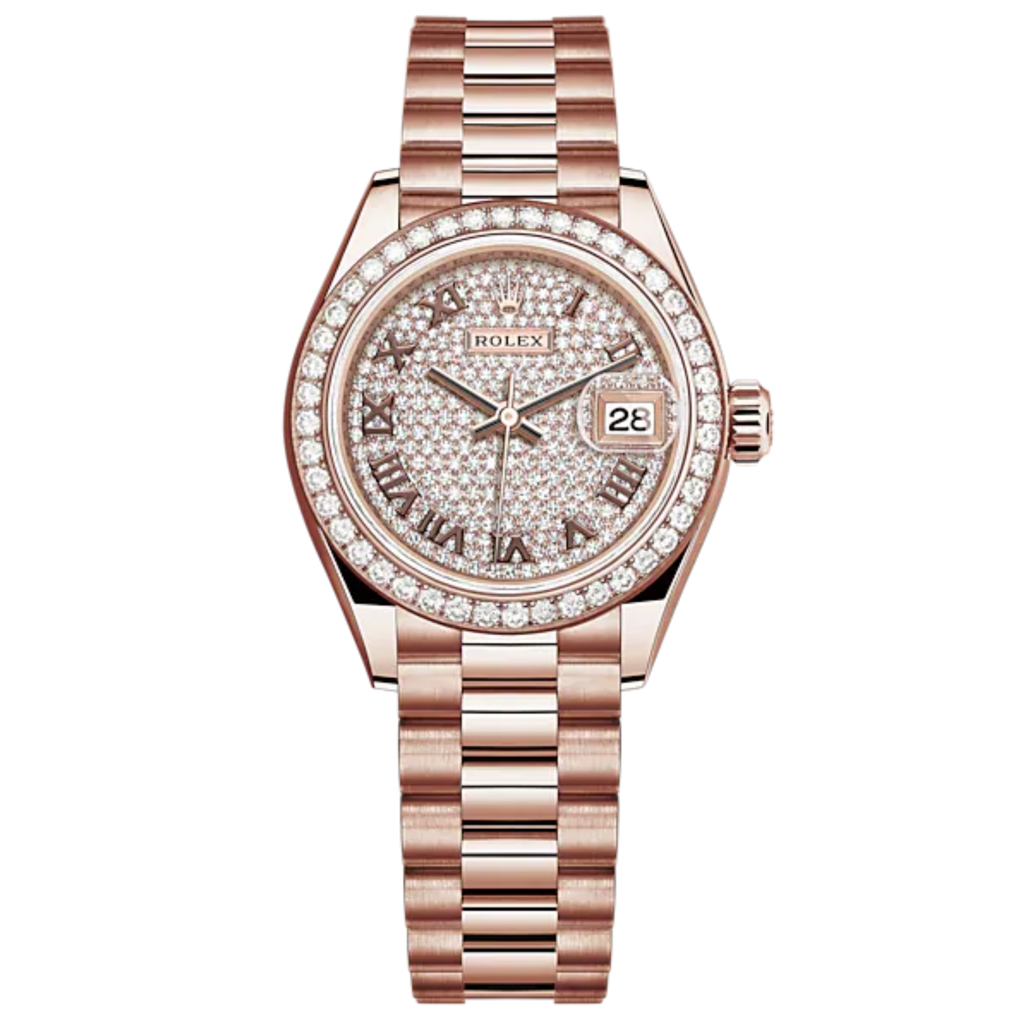 Lady-DateJust 28mm President Bracelet and 18 KT Everose Gold with Diamond-Paved Dial and Diamond-Set Bezel