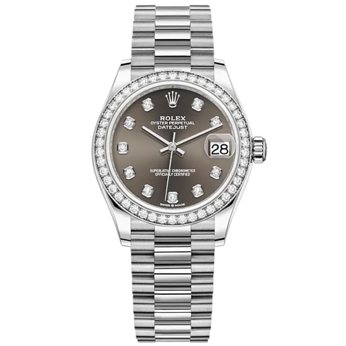 Datejust 31 31mm President Bracelet Oystersteel and White Gold With Dark Grey Diamond-Set Dial Diamond-Set Bezel