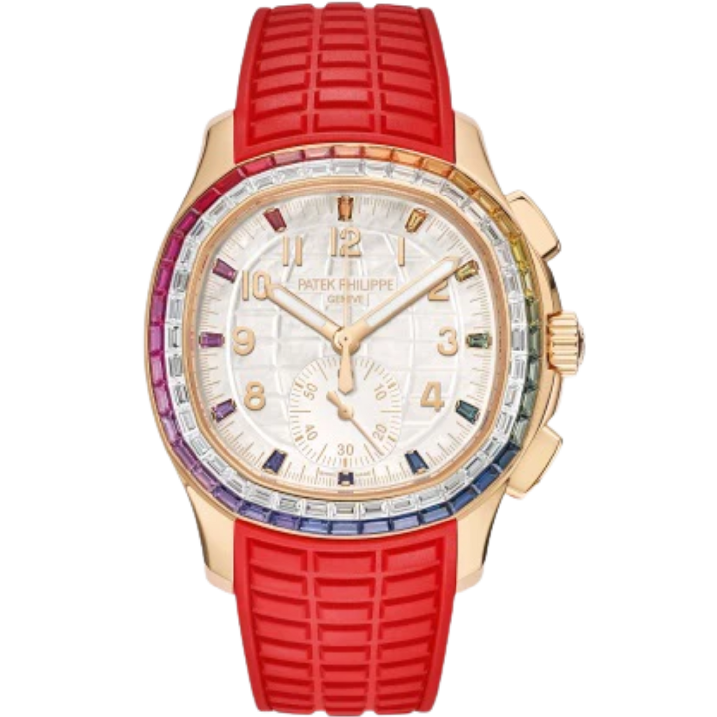 7968/300R Aquanaut 39.9 mm Red/Matte Beige & Matte White Strap White Mother-of-Pearl Dial Rainbow-Sapphire Diamond-set Rose Gold Bezel