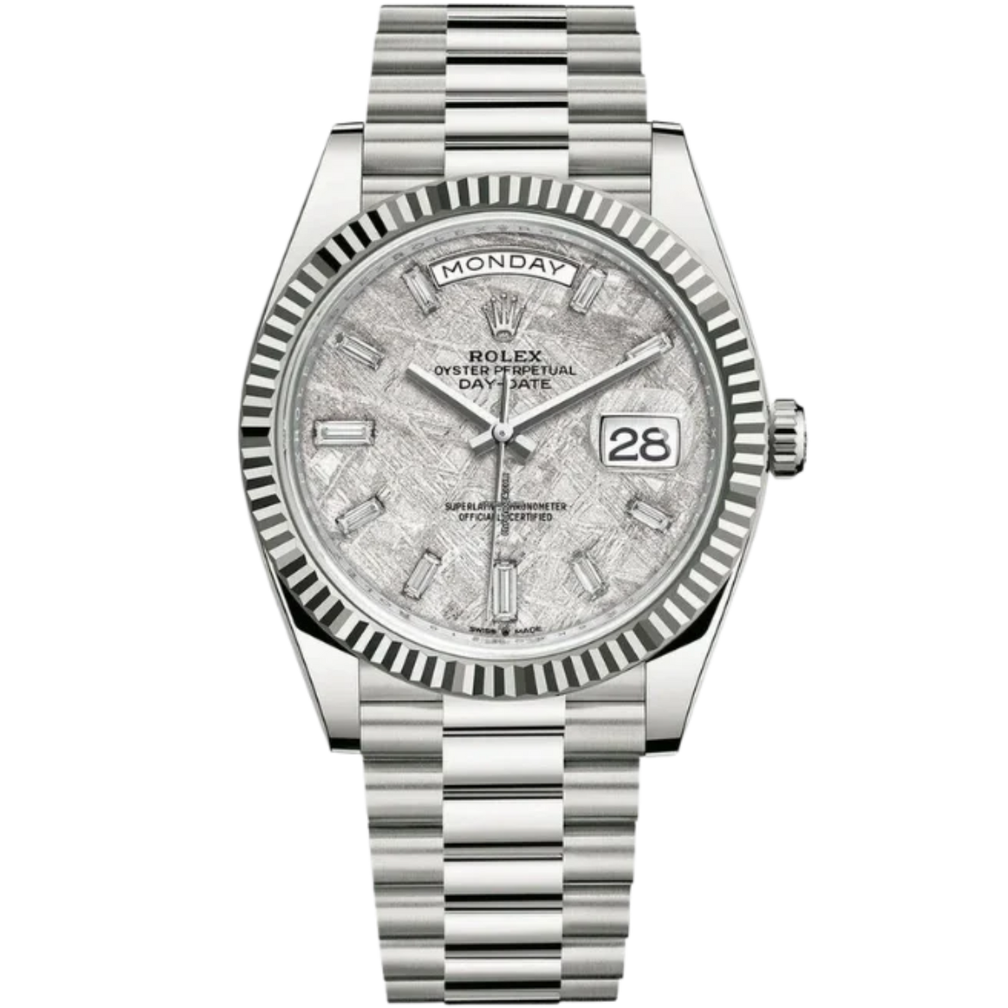 Rolex 228239 40MM White Gold Day Date Meteorite Dial with Baguette Markers
