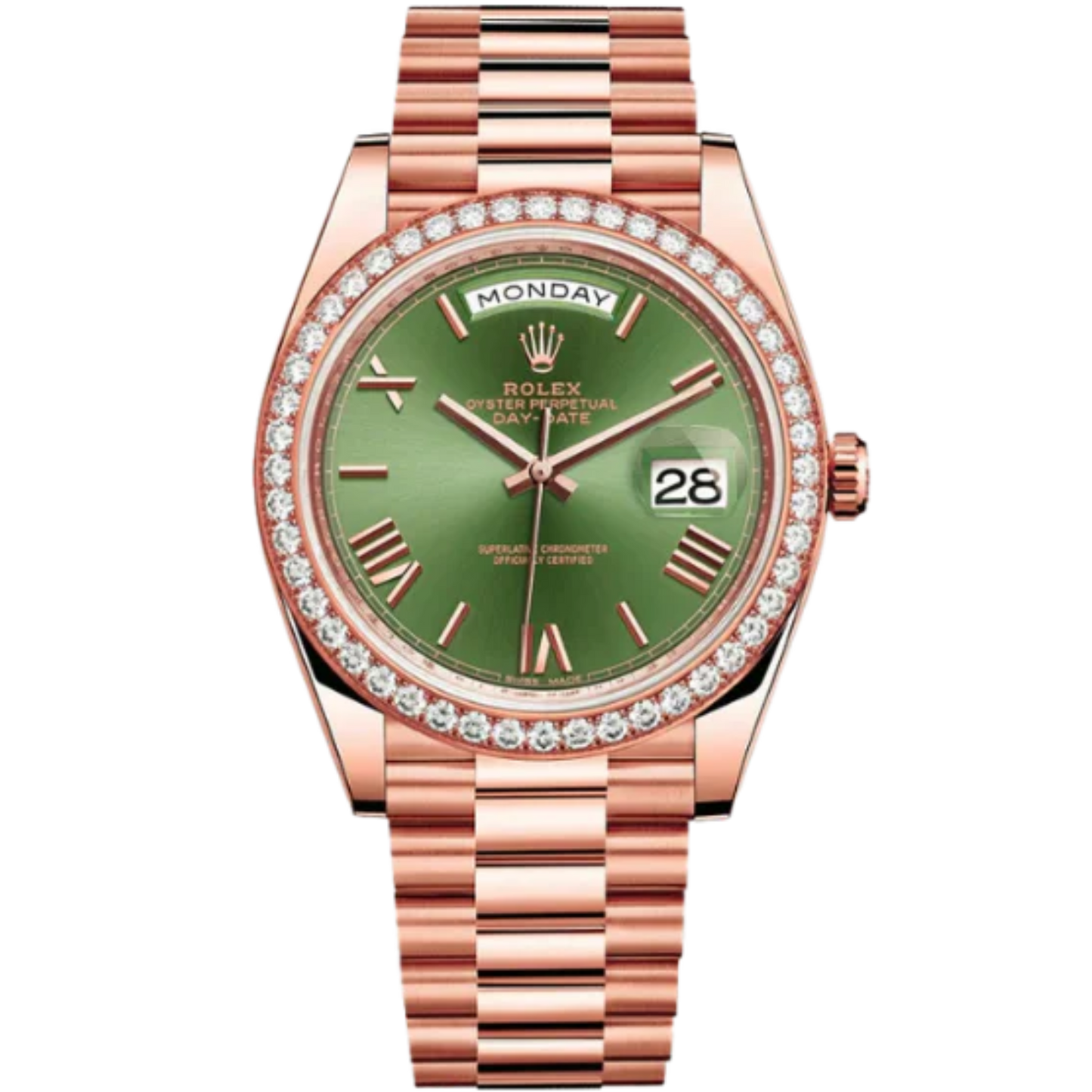 228345RBR Green Dial Factory Set Bezel Olive Dial Day Date 05/2023