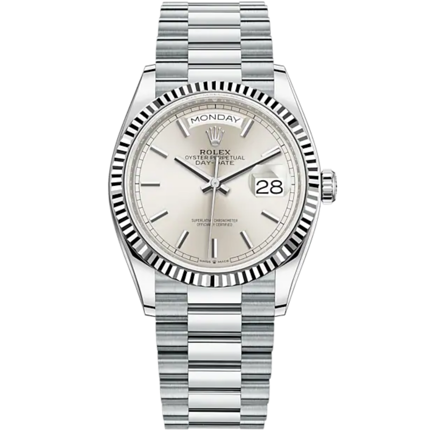 Day-Date 36 36mm President Bracelet and 18 KT White Gold with Silver Dial Fluted Bezel