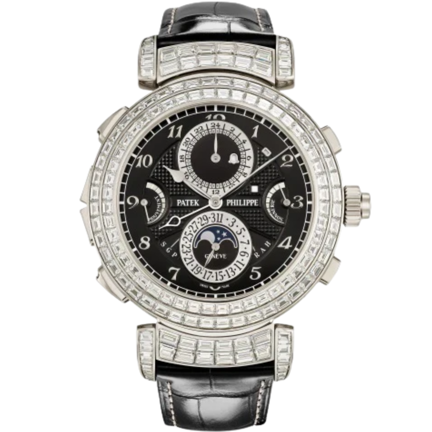 6300/400G Grand Complications 49.4mm Shiny Black Alligator Leather Strap Ebony Black Opaline Dial White Gold Baguette Diamond-set Bezel