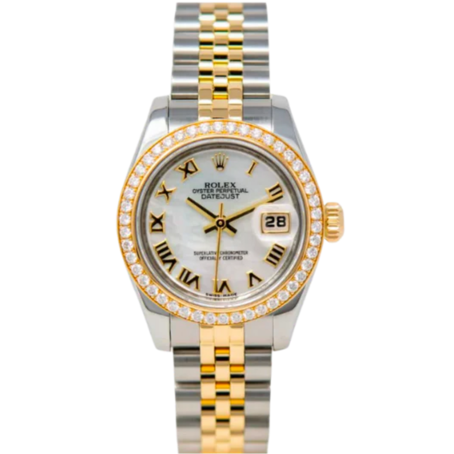 Lady Datejust 28MM Two Tone Yellow Gold on Jubilee Mother of Pearl Dial with Diamond Bezel + Hour Markers