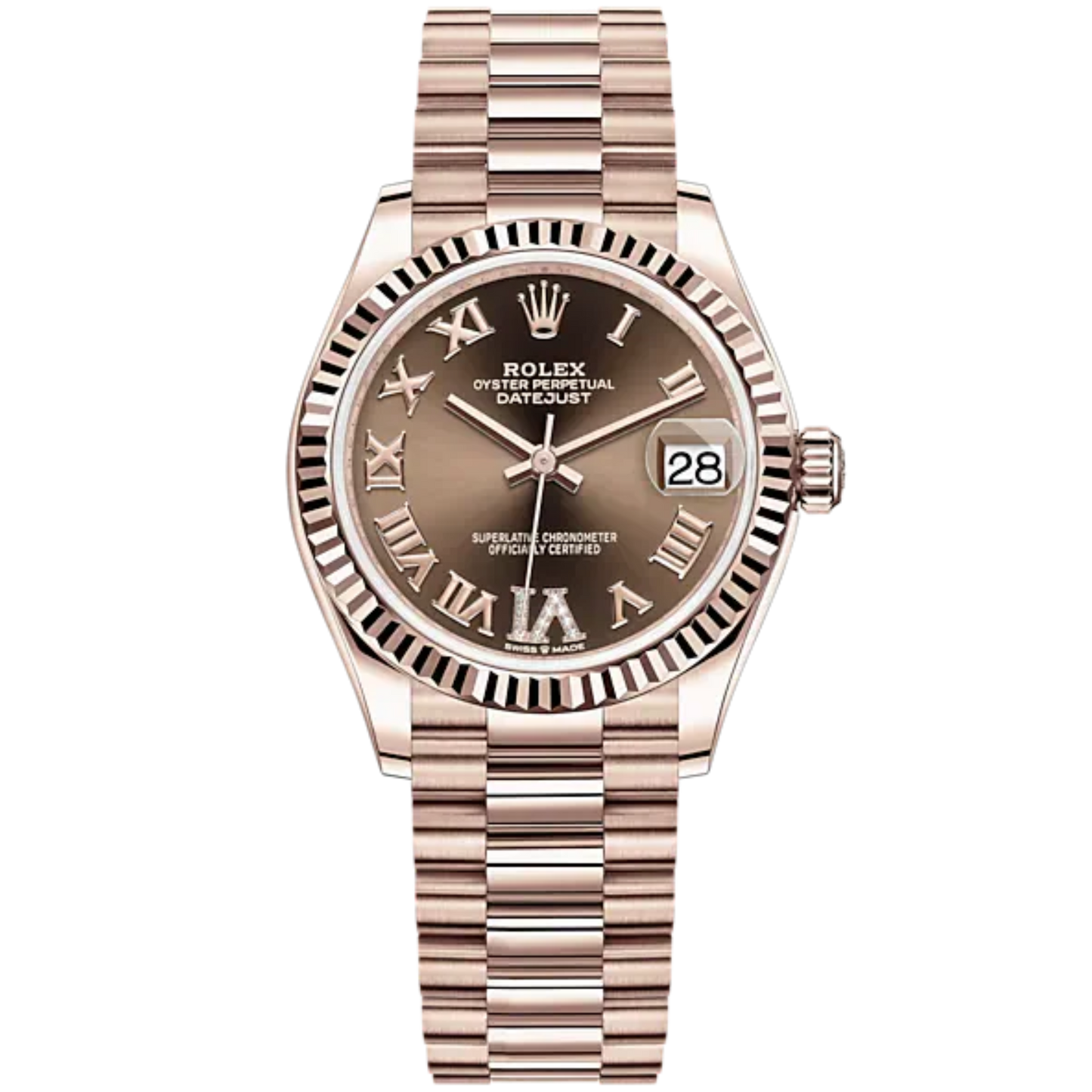 Datejust 31 31mm President Bracelet and 18 CT Everose Gold with Chocolate Diamond Dial Fluted Bezel