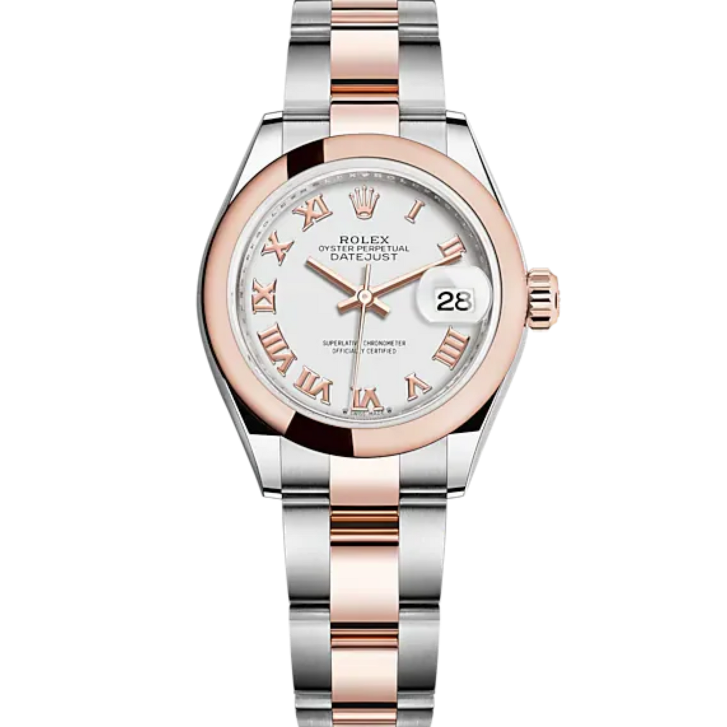 Lady-DateJust 28mm Oyster Oystersteel Bracelet and Everose Gold with White Dial Domed Bezel