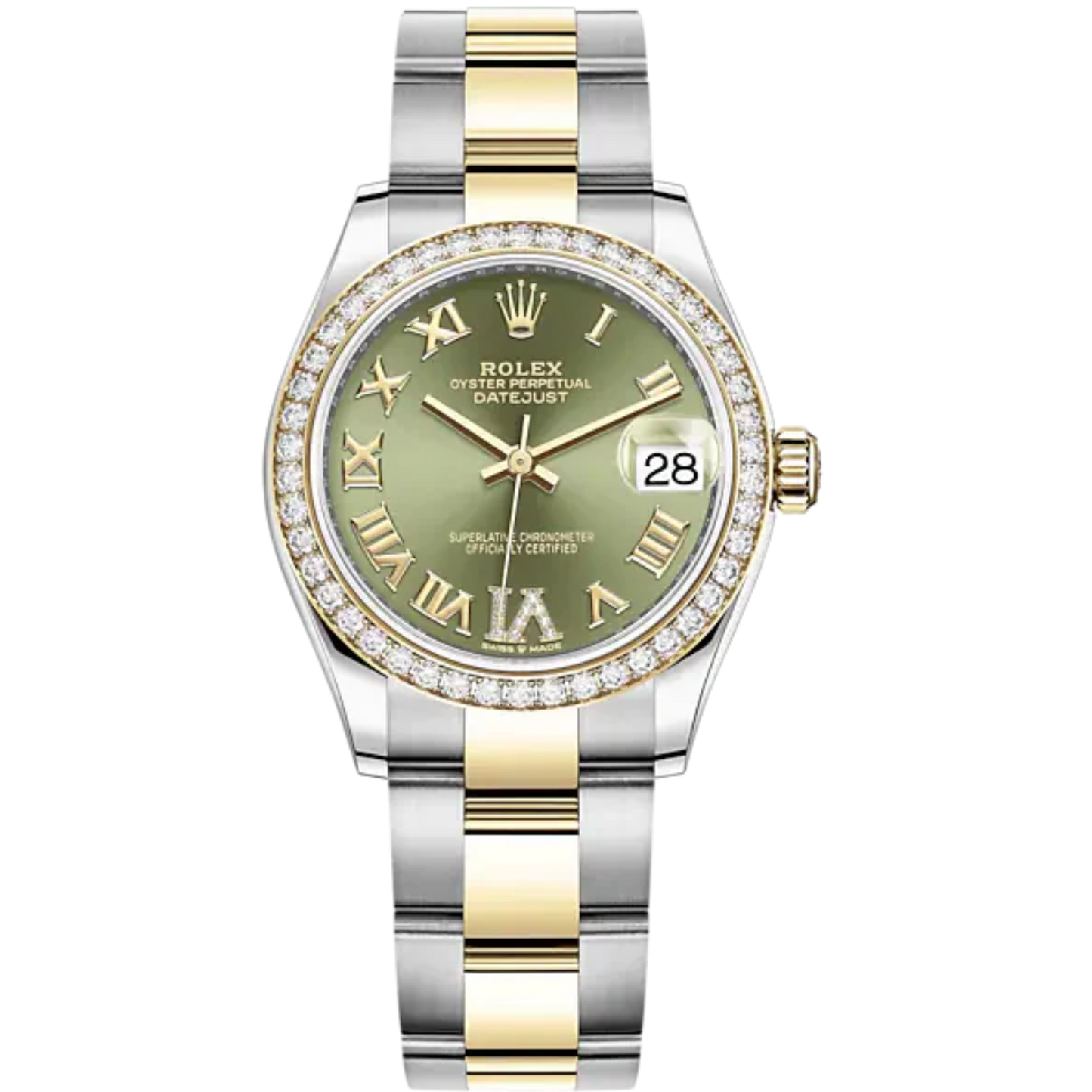Datejust 31 31mm Oyster Bracelet Oystersteel and Yellow Gold with Olive Green Diamond Dial Diamond-Set Bezel