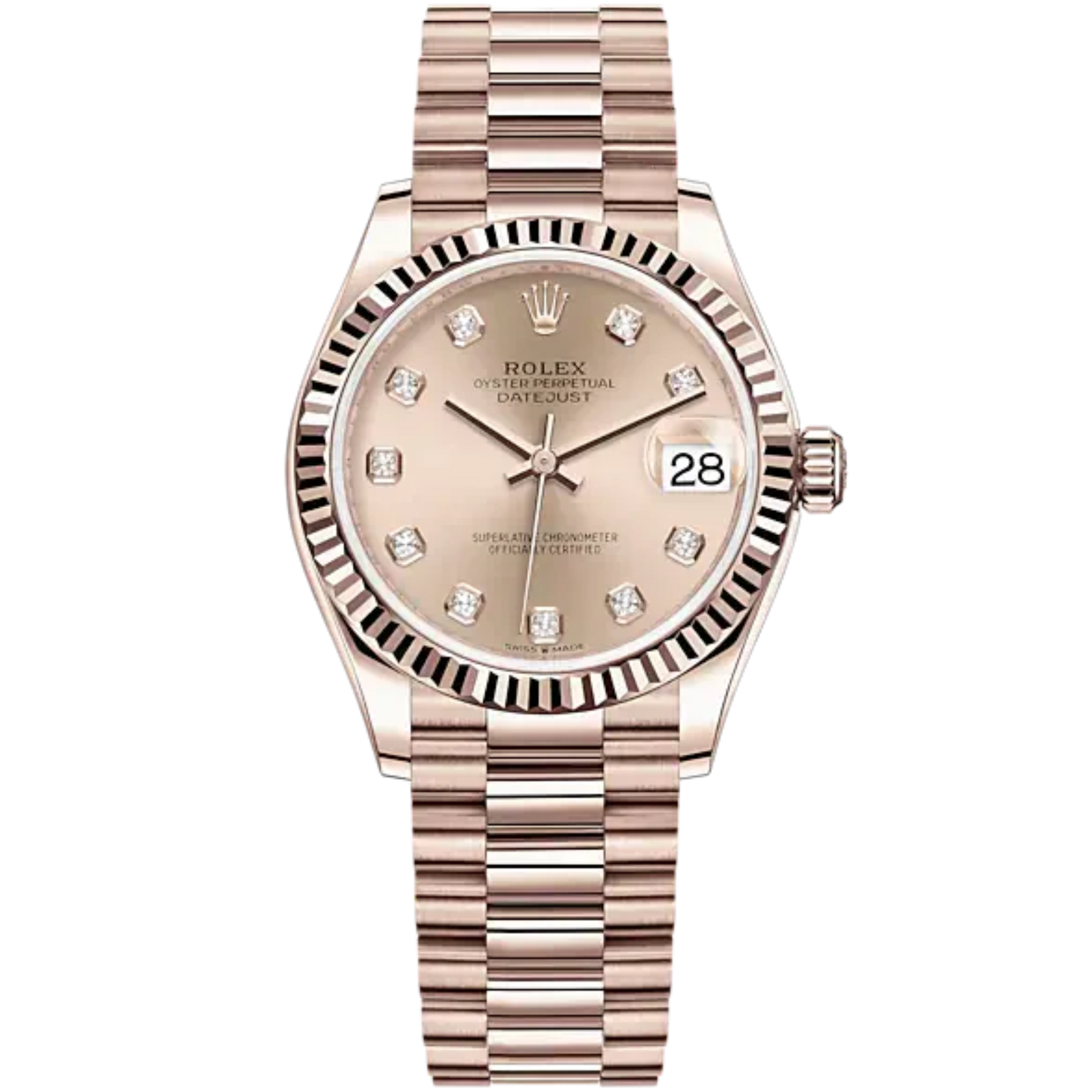 Datejust 31 31mm President Bracelet and 18 CT Everose Gold with Rosé-Colour Diamond-Set Dial Fluted Bezel