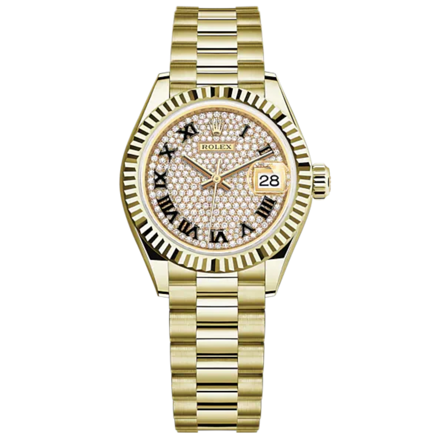Lady-DateJust 28mm President Bracelet and 18 KT Yellow Gold with Diamond-Paved Dial Fluted Bezel